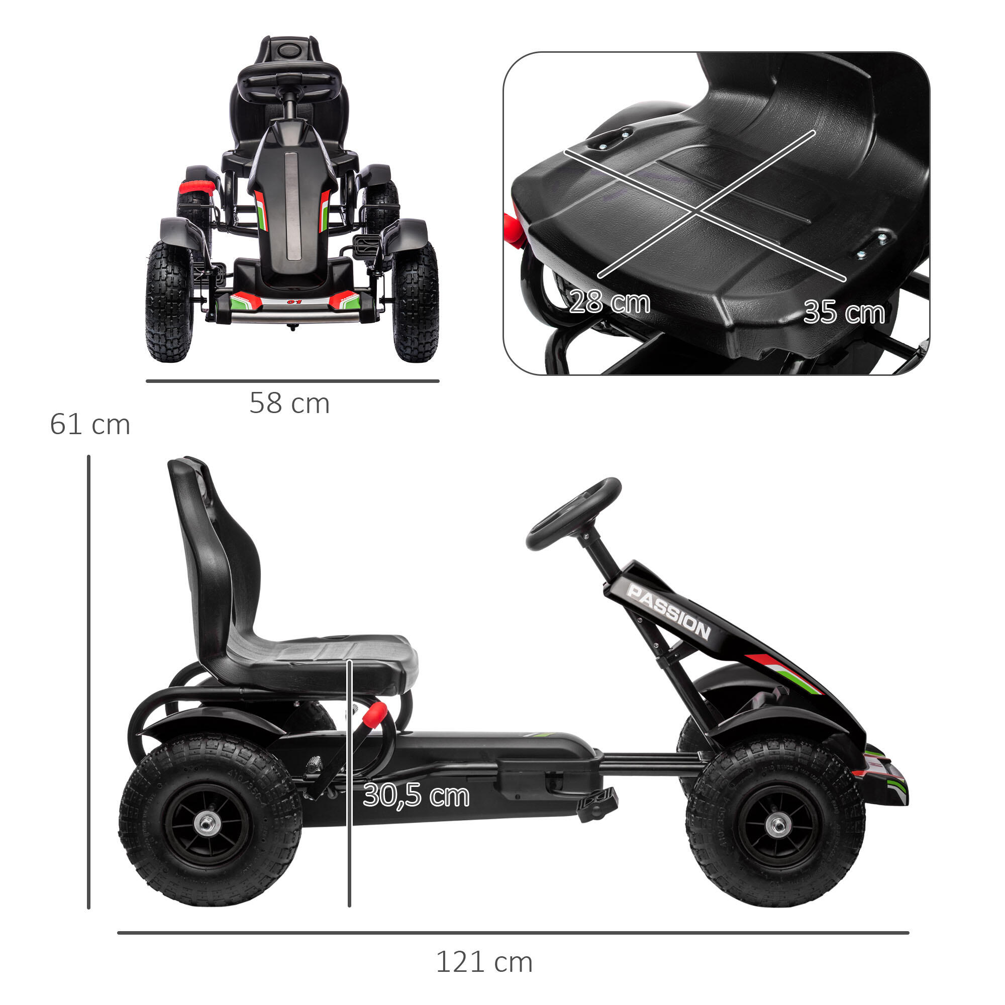 GoKart a Pedales HOMCOM 121x58x61 cm Negro 3/7