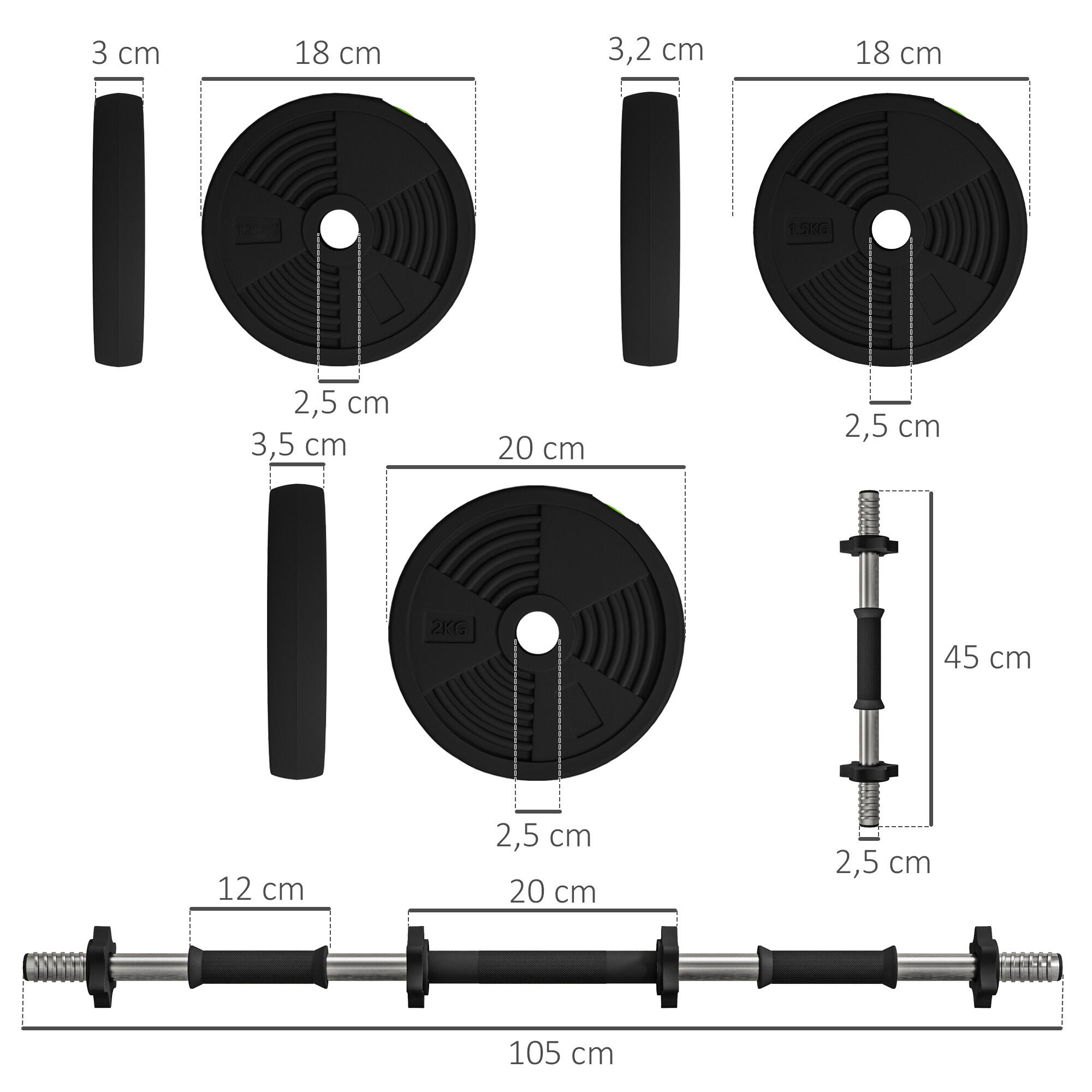 Kit de Mancuernas SPORTNOW 105x20x20 cm Negro y Verde 3/7