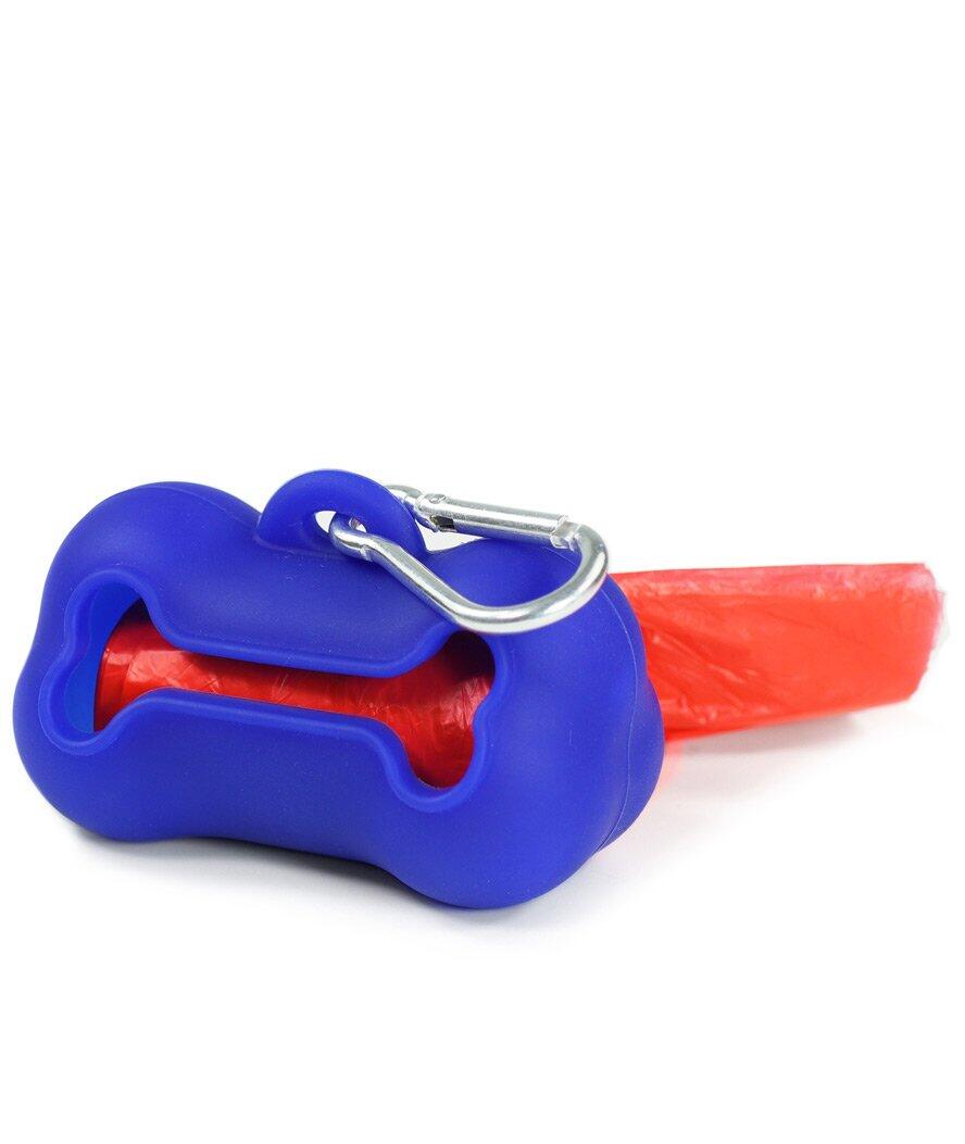 Dispenser in silicone a forma di osso blu con rotolo per cani 1/1
