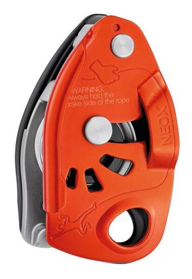 Assicuratore-discensore Petzl NEOX nero con blocco a camma ruota e maniglia 3:1