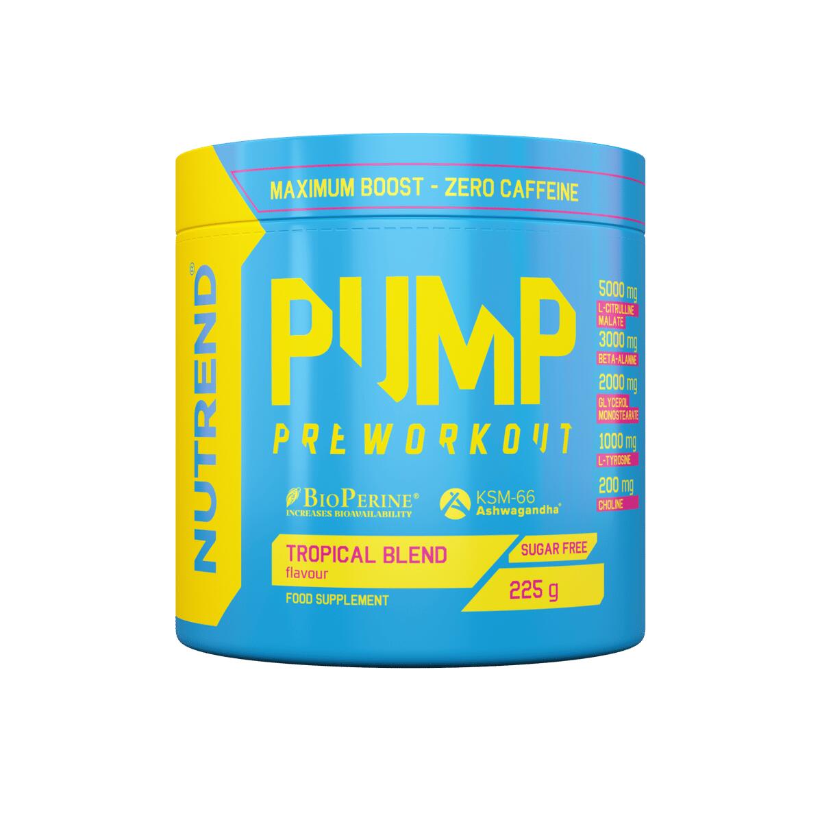 NUTREND Pre-workout bez kofeinu PUMP, 225 g, tropical blend