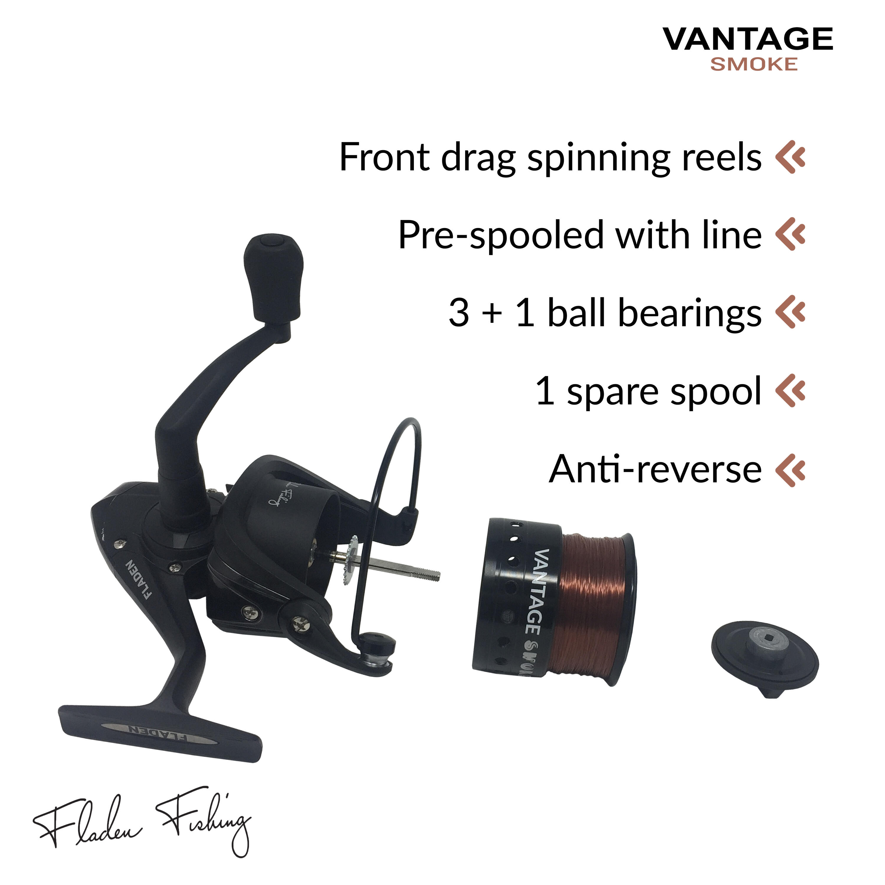 VANTAGE Smoke Front Drag Fixed Spool Reel - 3+1bb IAR - Spare Spool + Line-On 4/4