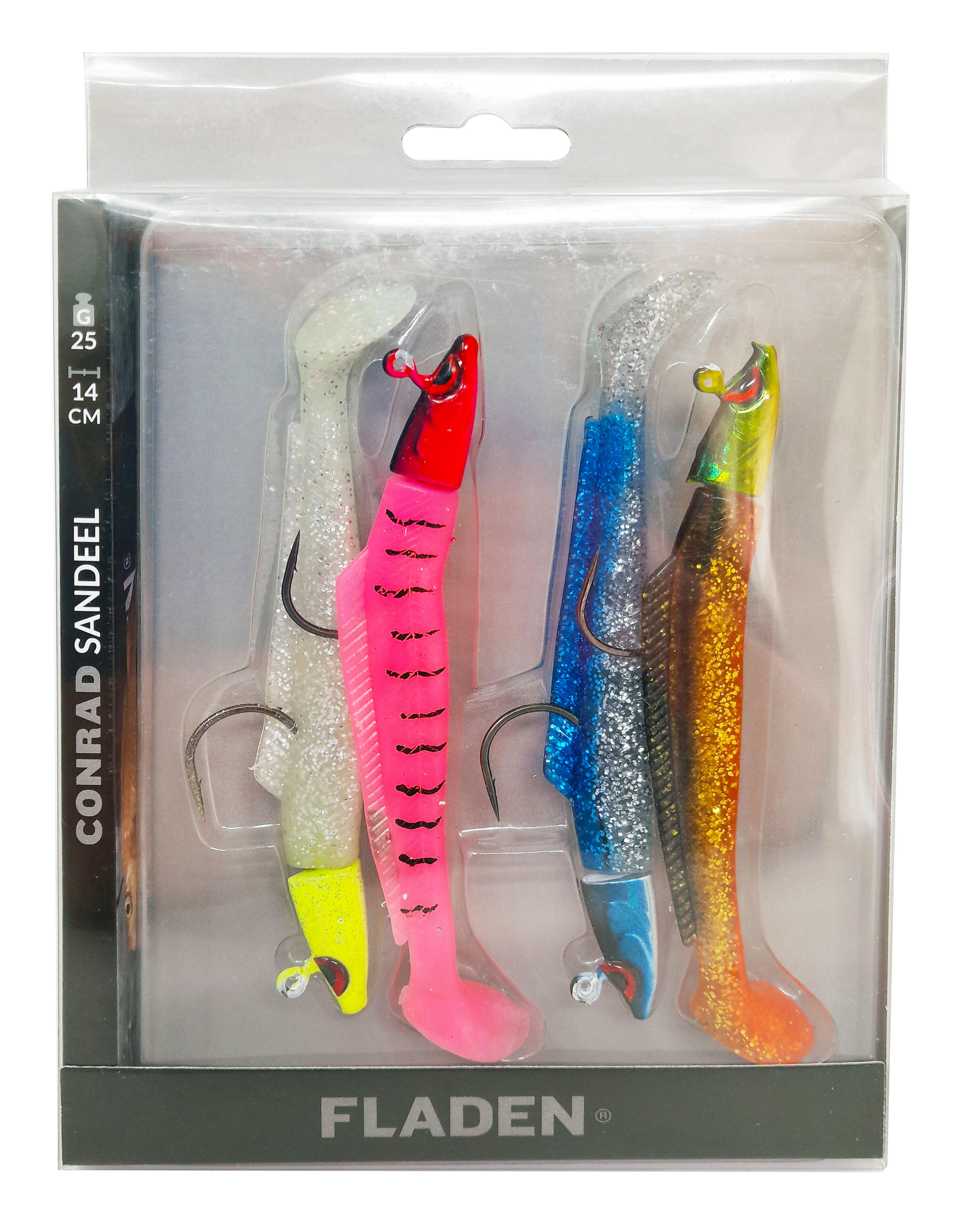 FLADEN 4pk Conrad Assorted Sandeel Softbait Lures  25g 14cm - 4 Heads + 4 Bodies