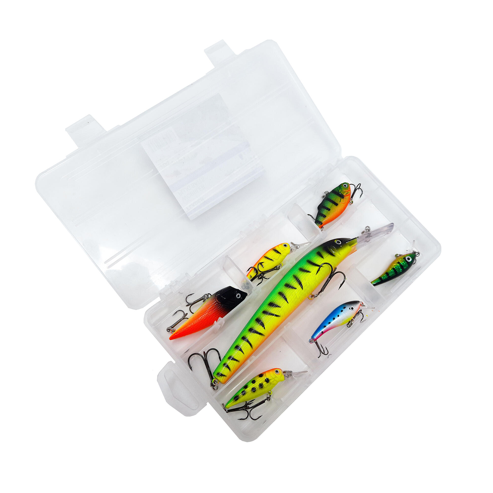 FLADEN 7 assorted rattling hardbait lures in a multi-section tackle box