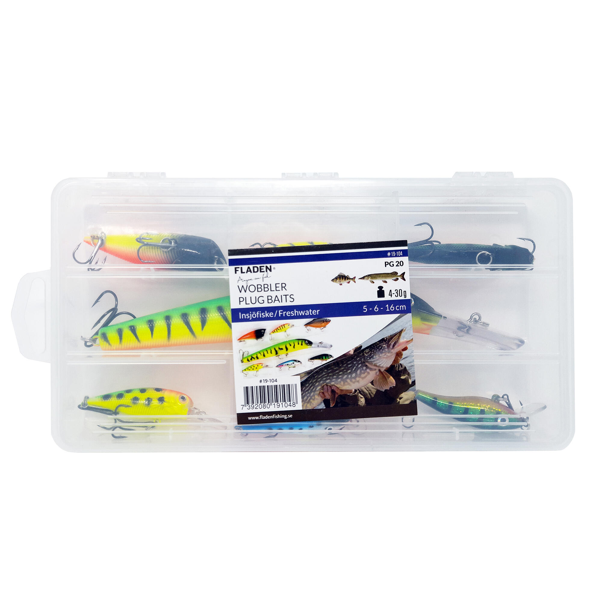 7 assorted rattling hardbait lures in a multi-section tackle box 2/5