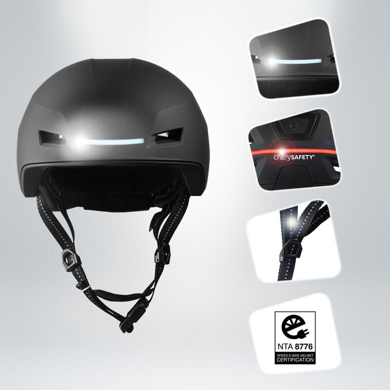 Casco E-Bike per adulti | Certificato NTA 8776 | Nero con LED