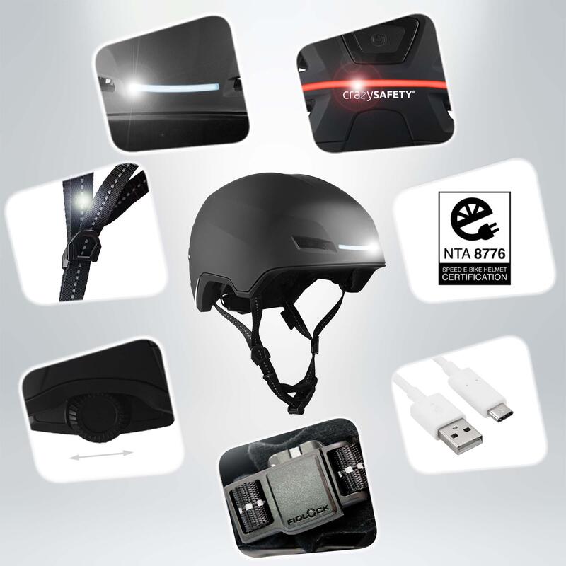 Casco E-Bike per adulti | Certificato NTA 8776 | Nero con LED