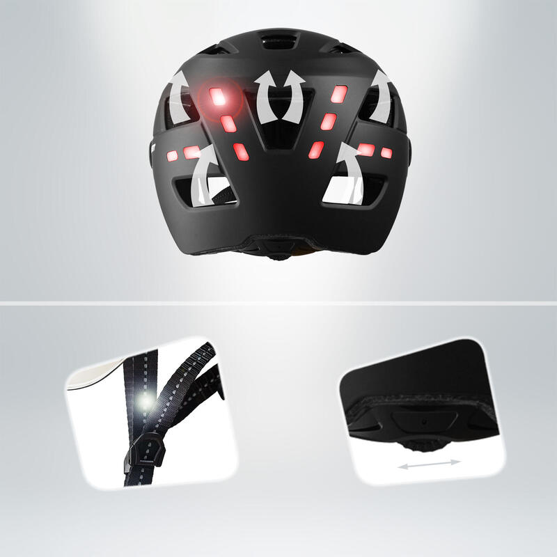 Casco E-Bike per adulti | Nero con visiera e luci integrate | Certificato EN1078