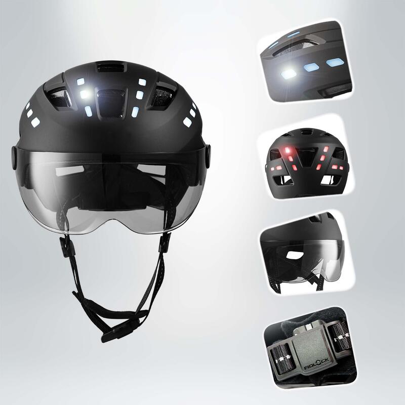 Casco E-Bike per adulti | Nero con visiera e luci integrate | Certificato EN1078