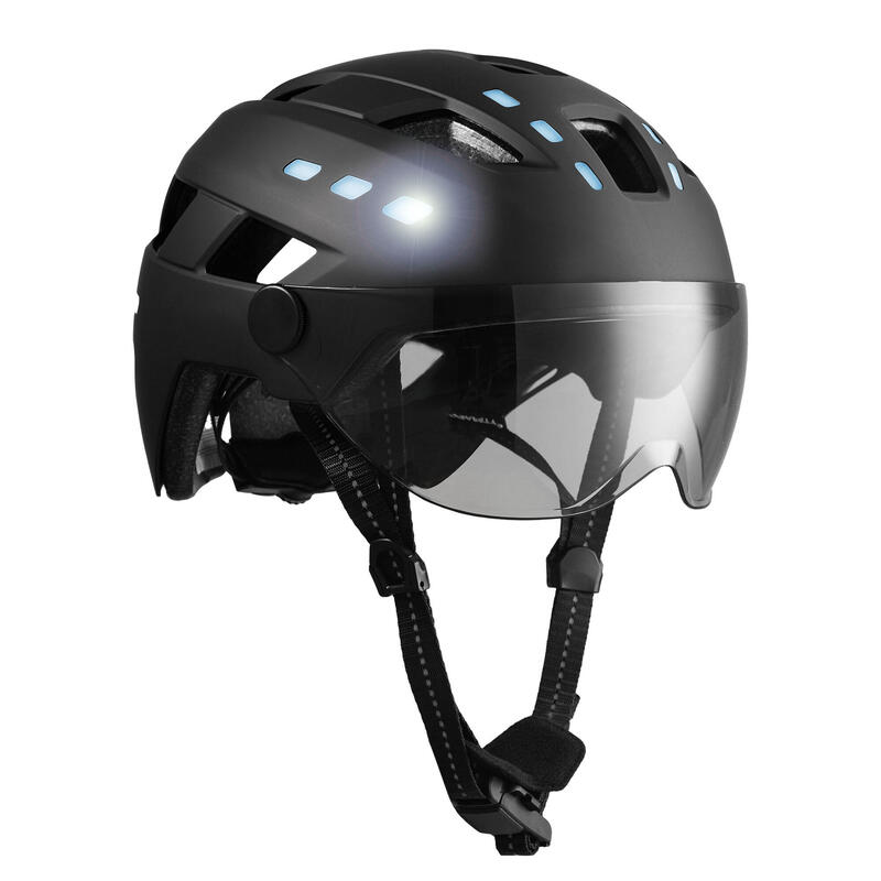 Casco E-Bike per adulti | Nero con visiera e luci integrate | Certificato EN1078