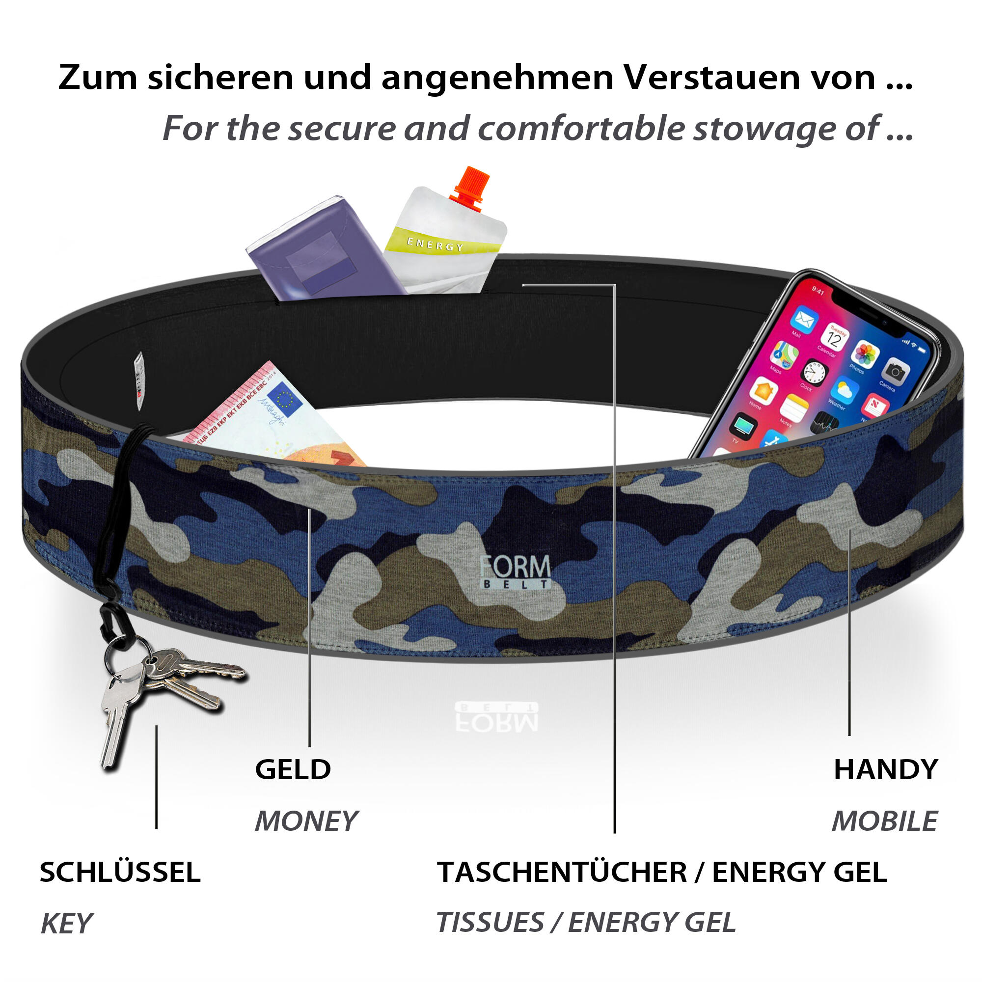 Laufgürtel für Handy, Schlüssel und Wertsachen,Blue Camo 2/7