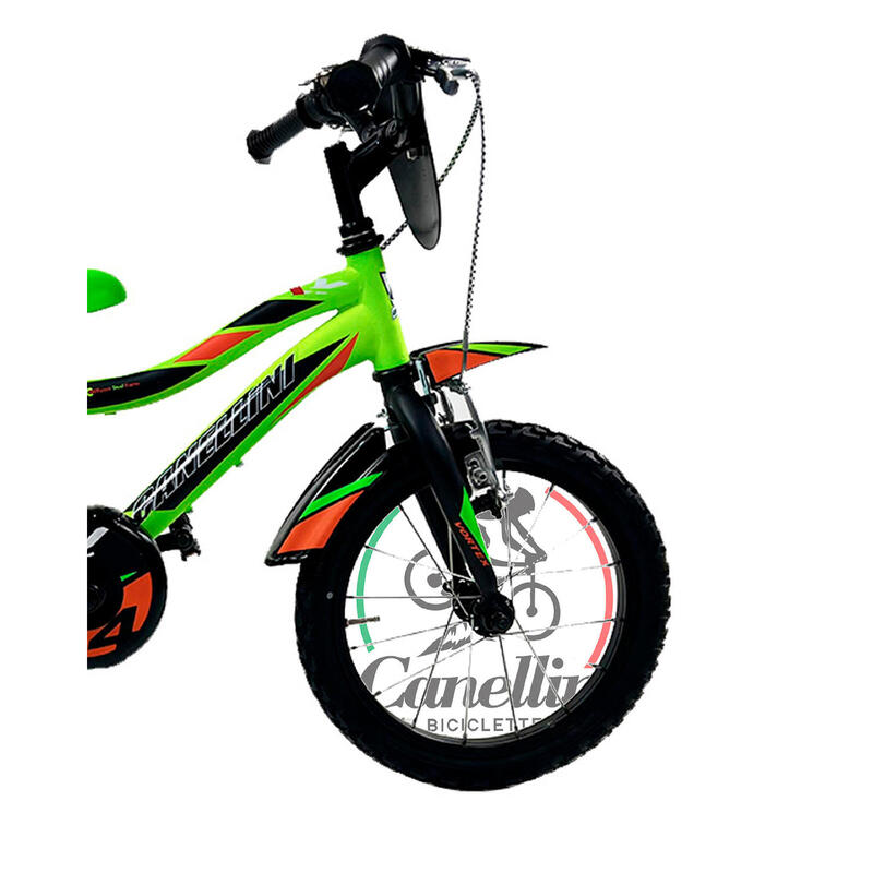 Bicicletă pentru băieți Canellini VORTEX 14" - Verde/Negru/Portocaliu
