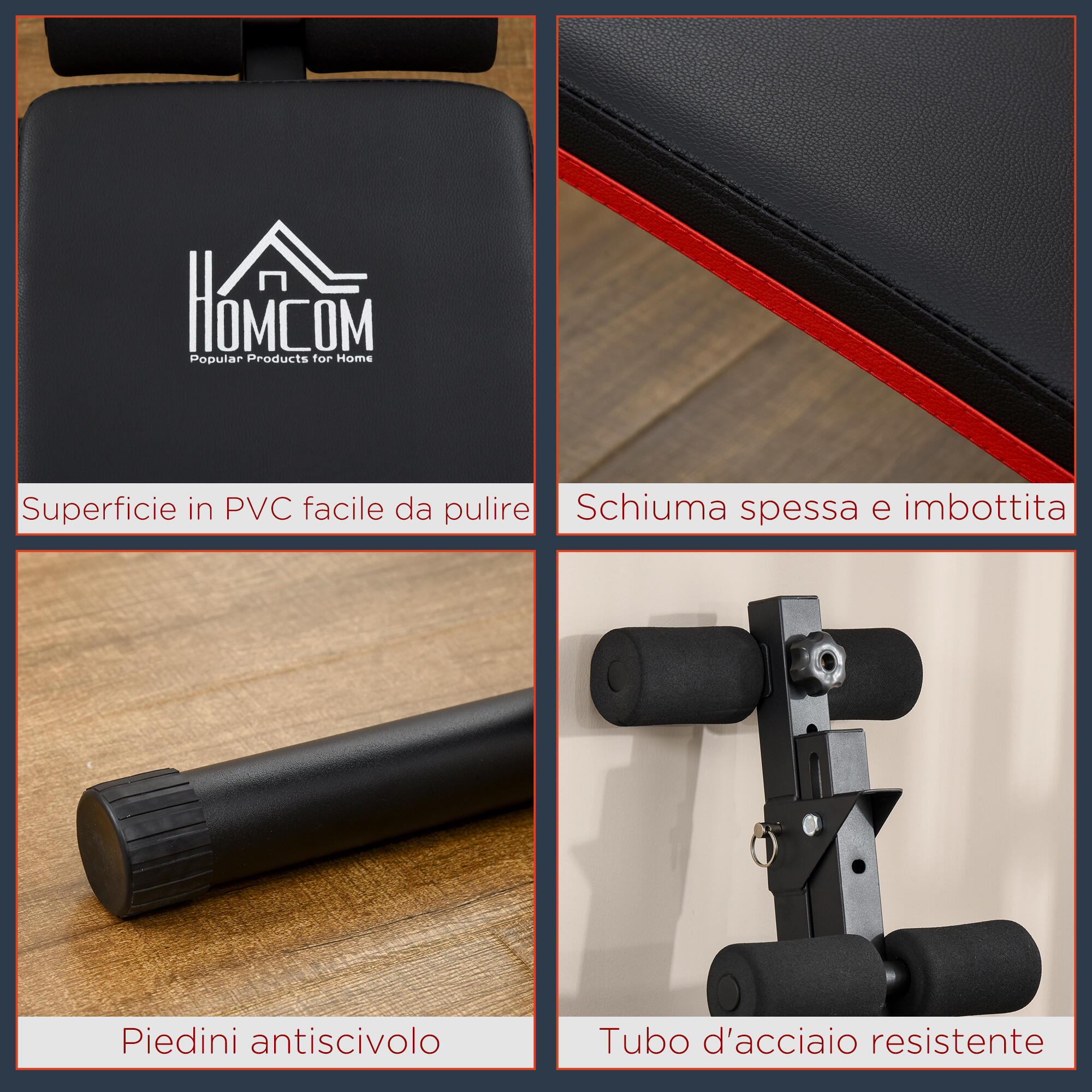 HOMCOM Panca per Addominali Pieghevole 47x139x51-69cm Nero e Rosso 7/7