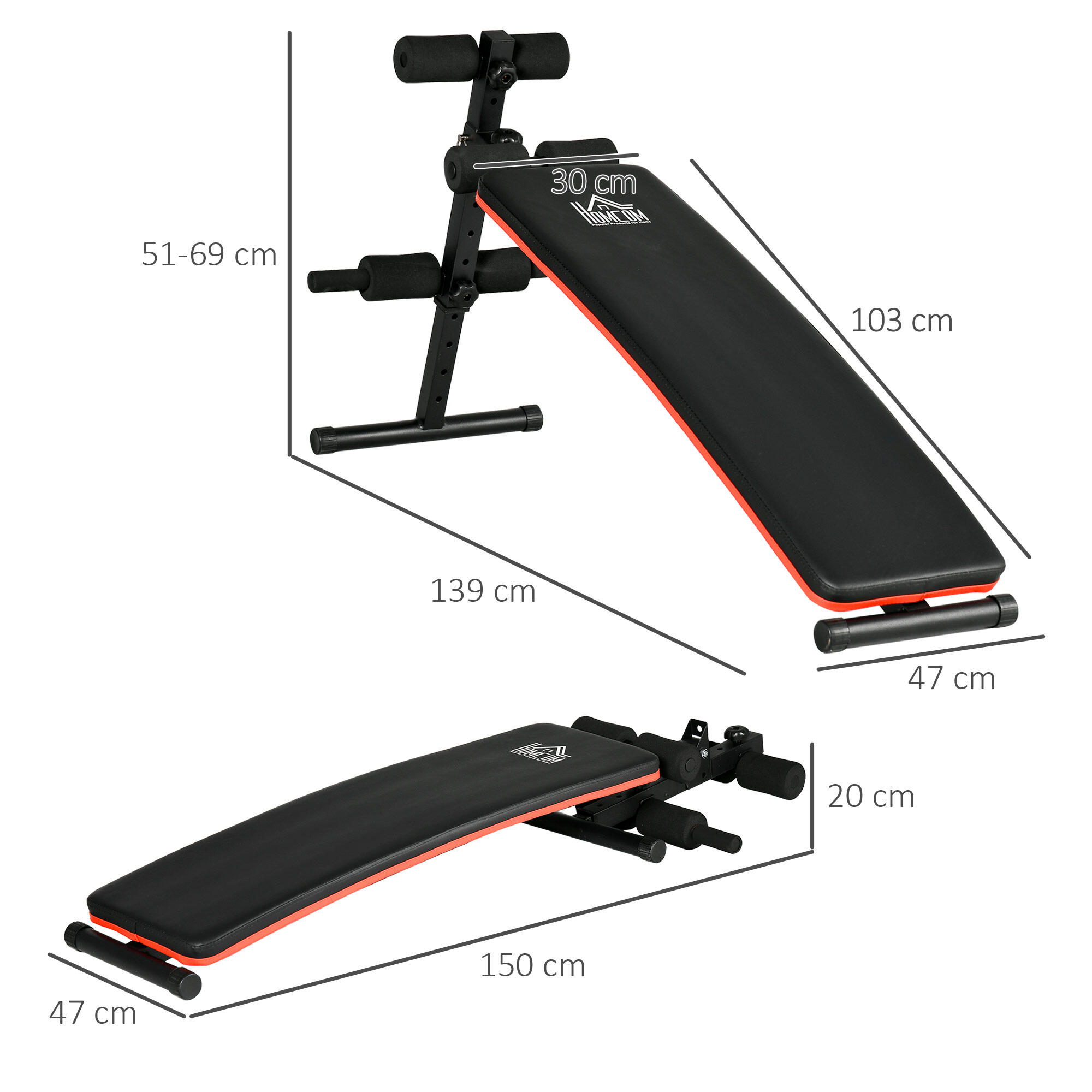 HOMCOM Panca per Addominali Pieghevole 47x139x51-69cm Nero e Rosso 3/7