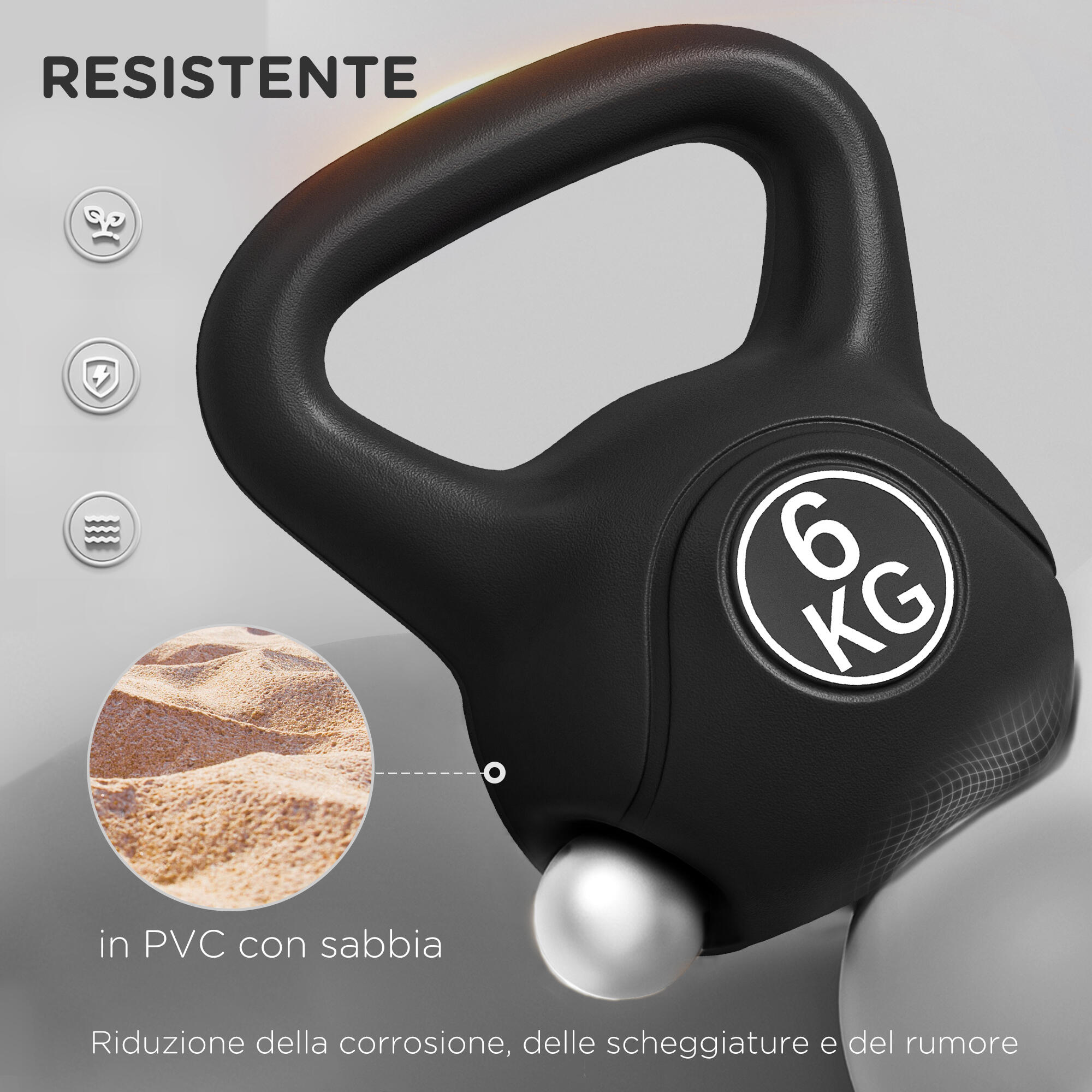 HOMCOM Kettlebell 6kg con Base Piatta in Plastica e Sabbia Nero 5/7