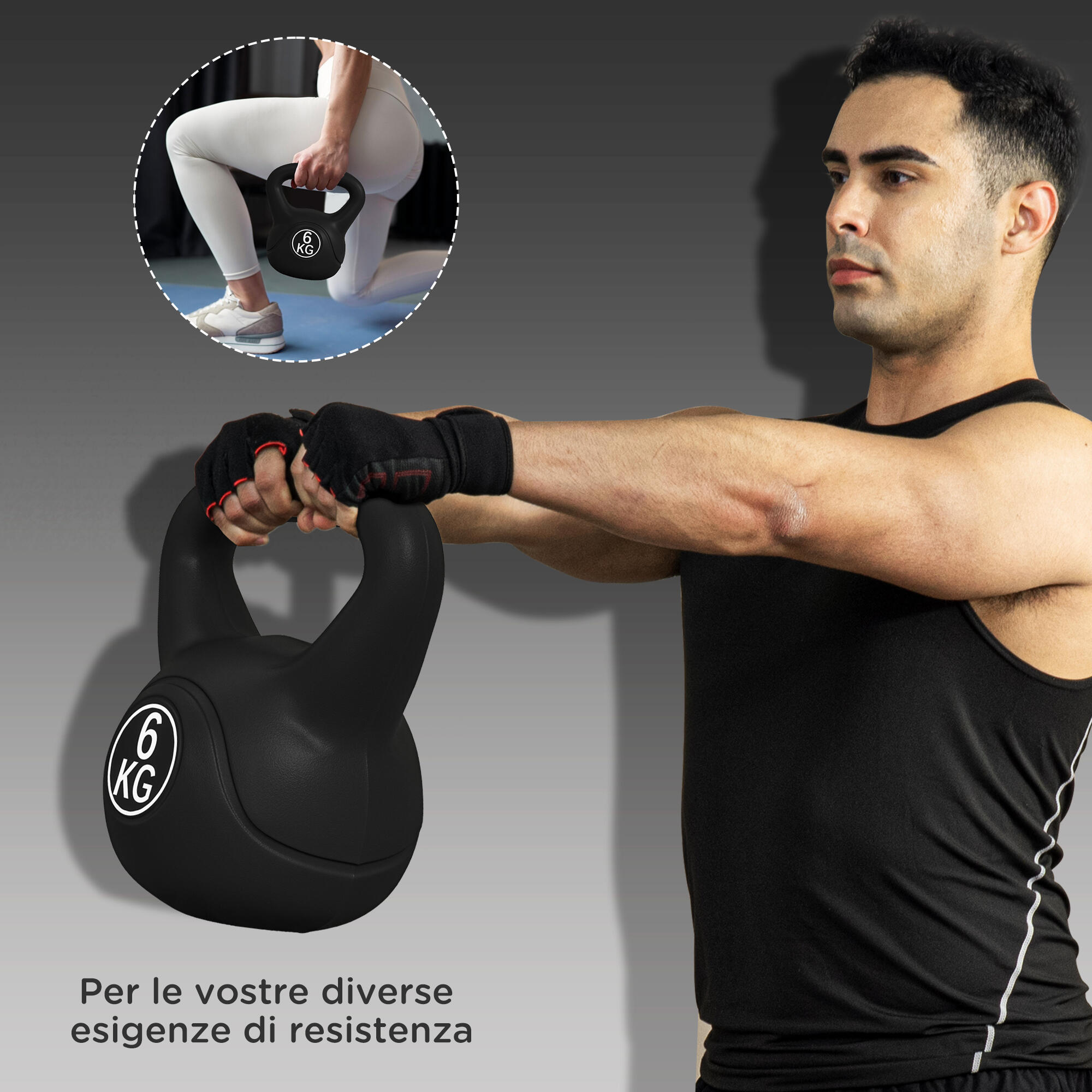 HOMCOM Kettlebell 6kg con Base Piatta in Plastica e Sabbia Nero 7/7
