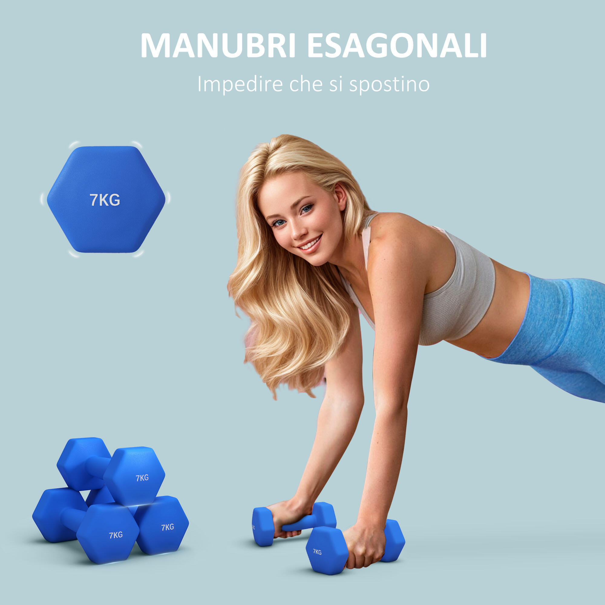 SPORTNOW Set 2 Manubri Esagonali da 2x7kg in Metallo e Plastica Blu 4/7