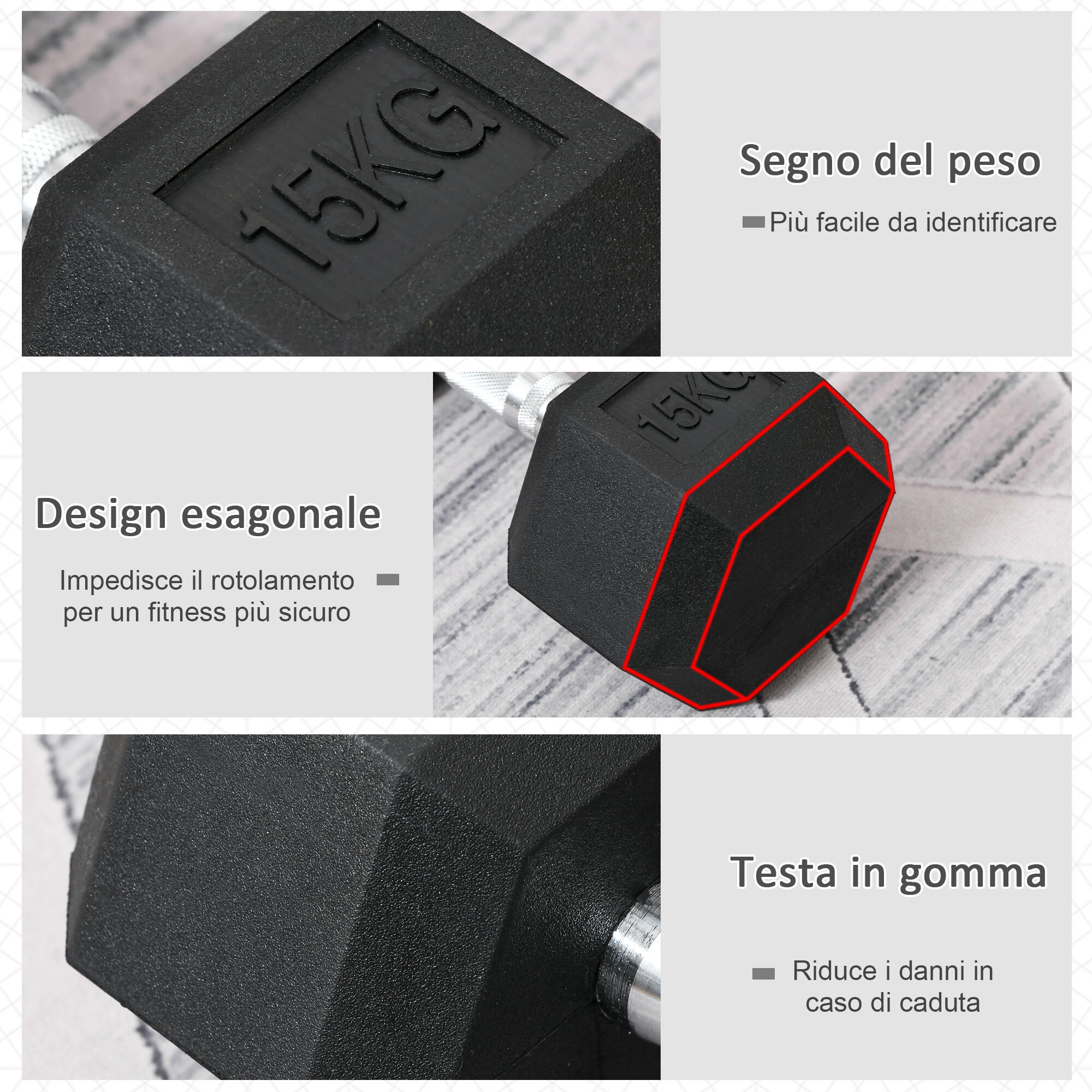 HOMCOM Manubrio 15 kg Esagonale in Acciaio e Gomma Nero 4/8
