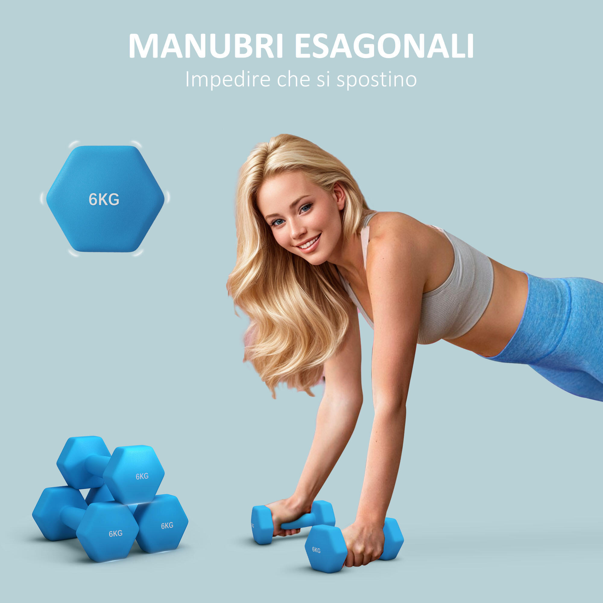 SPORTNOW Set 2 Manubri Esagonali da 6kg 22x10x10cm Azzurro 4/7