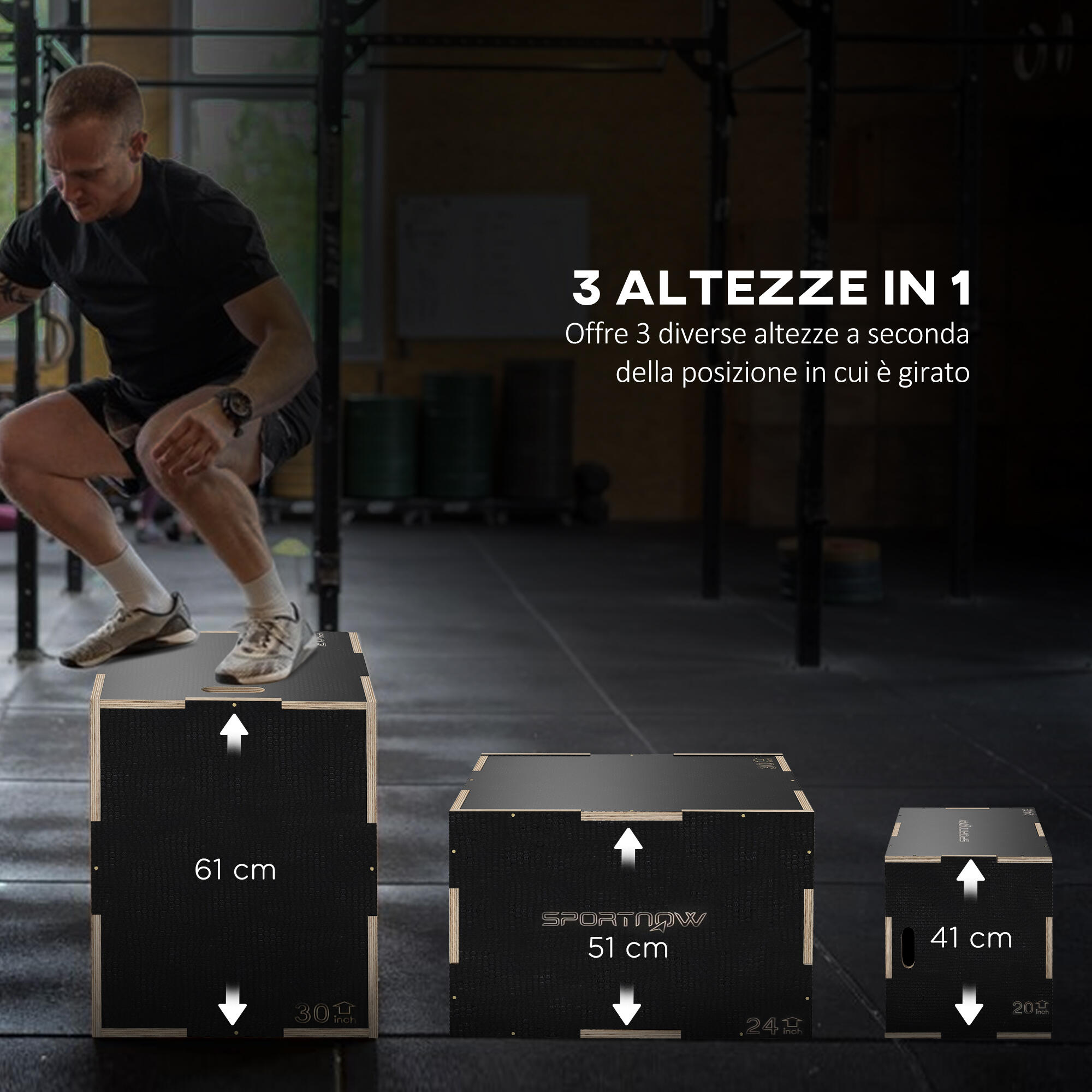 SPORTNOW Box Jump Pliometrico a 3 Altezze Antiscivolo 61-51-41cm Nero 4/8
