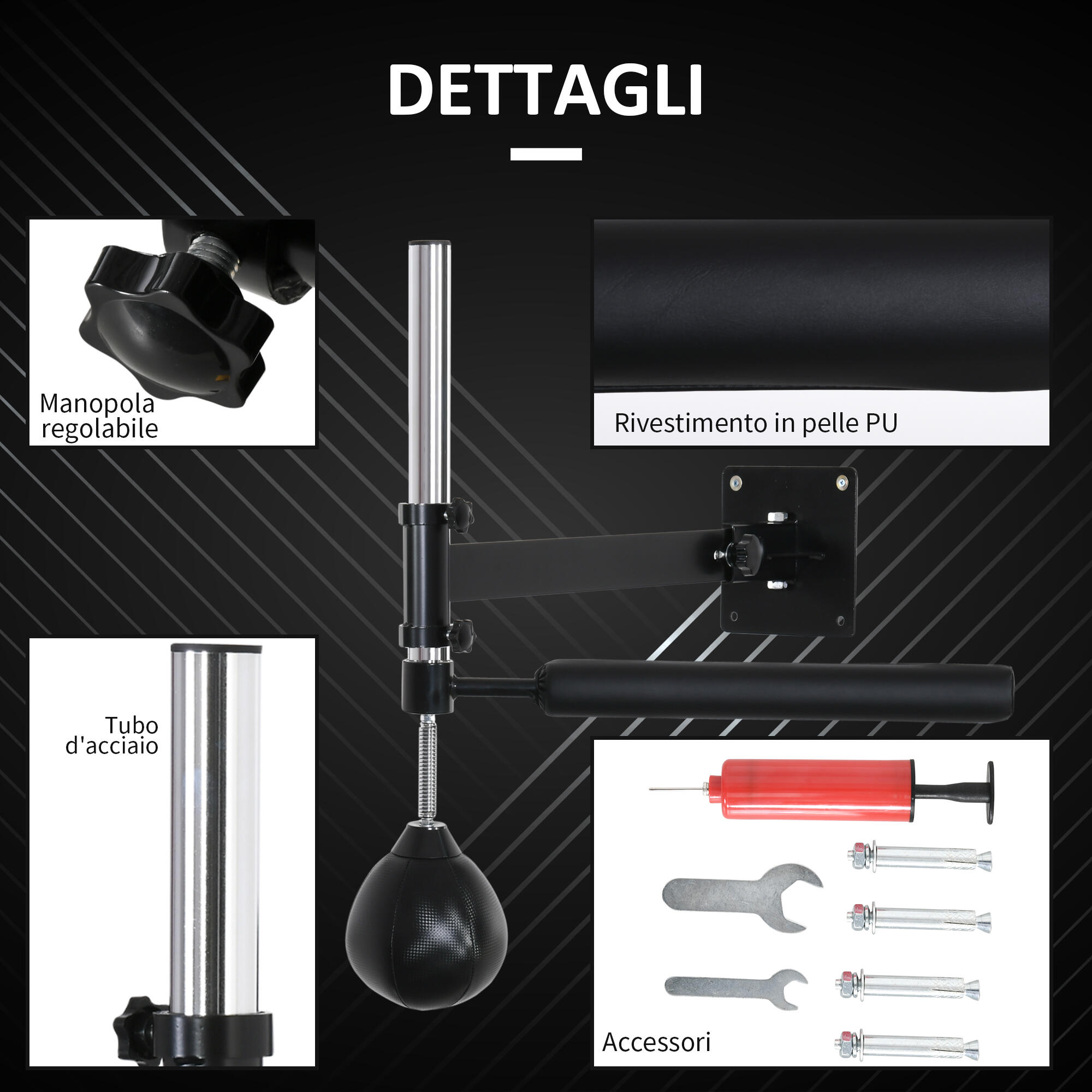 HOMCOM Speed Bag a Parete per Boxe e MMA ad Altezza Regolabile in Acciaio e PU 7/7