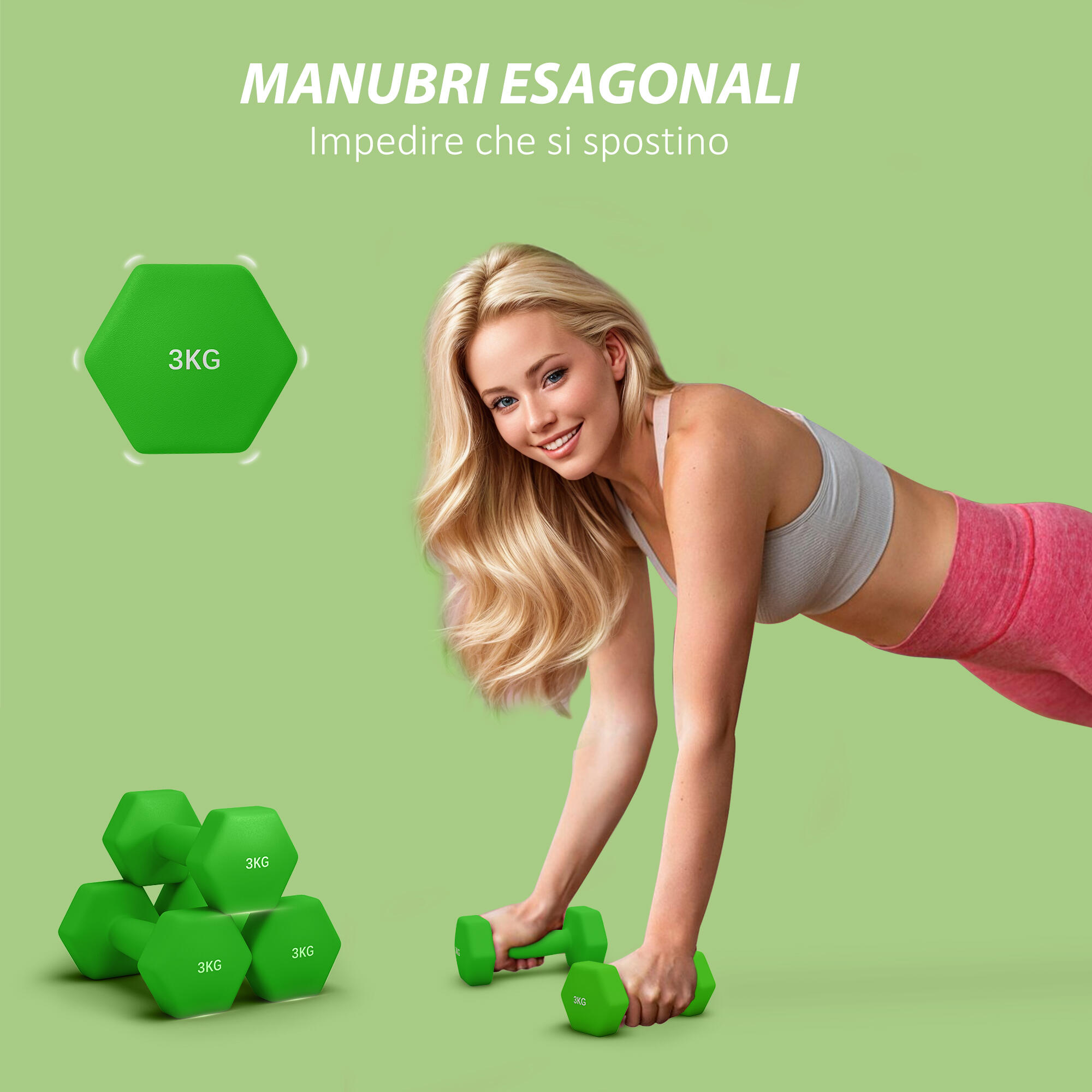 SPORTNOW Set 2 Manubri da 2x3 kg in Metallo e Plastica 18x8x8 cm Verde 4/7
