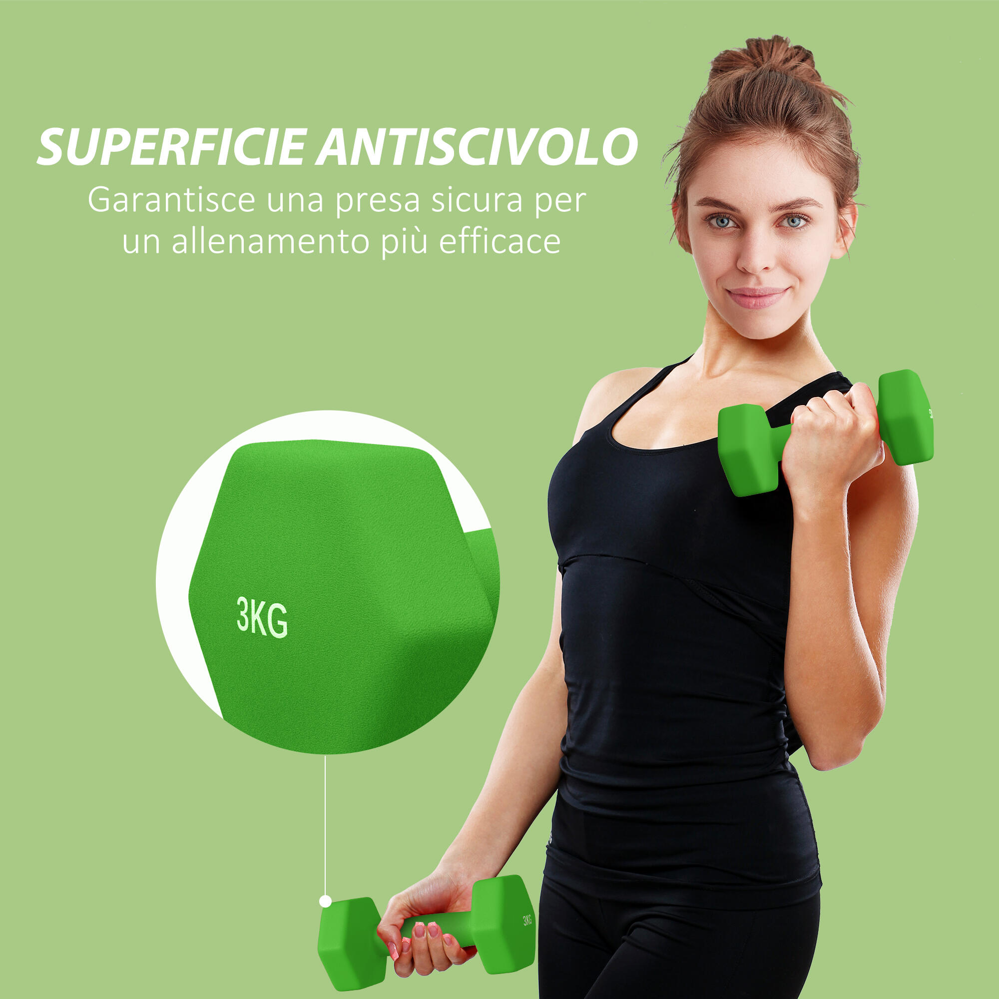 SPORTNOW Set 2 Manubri da 2x3 kg in Metallo e Plastica 18x8x8 cm Verde 6/7