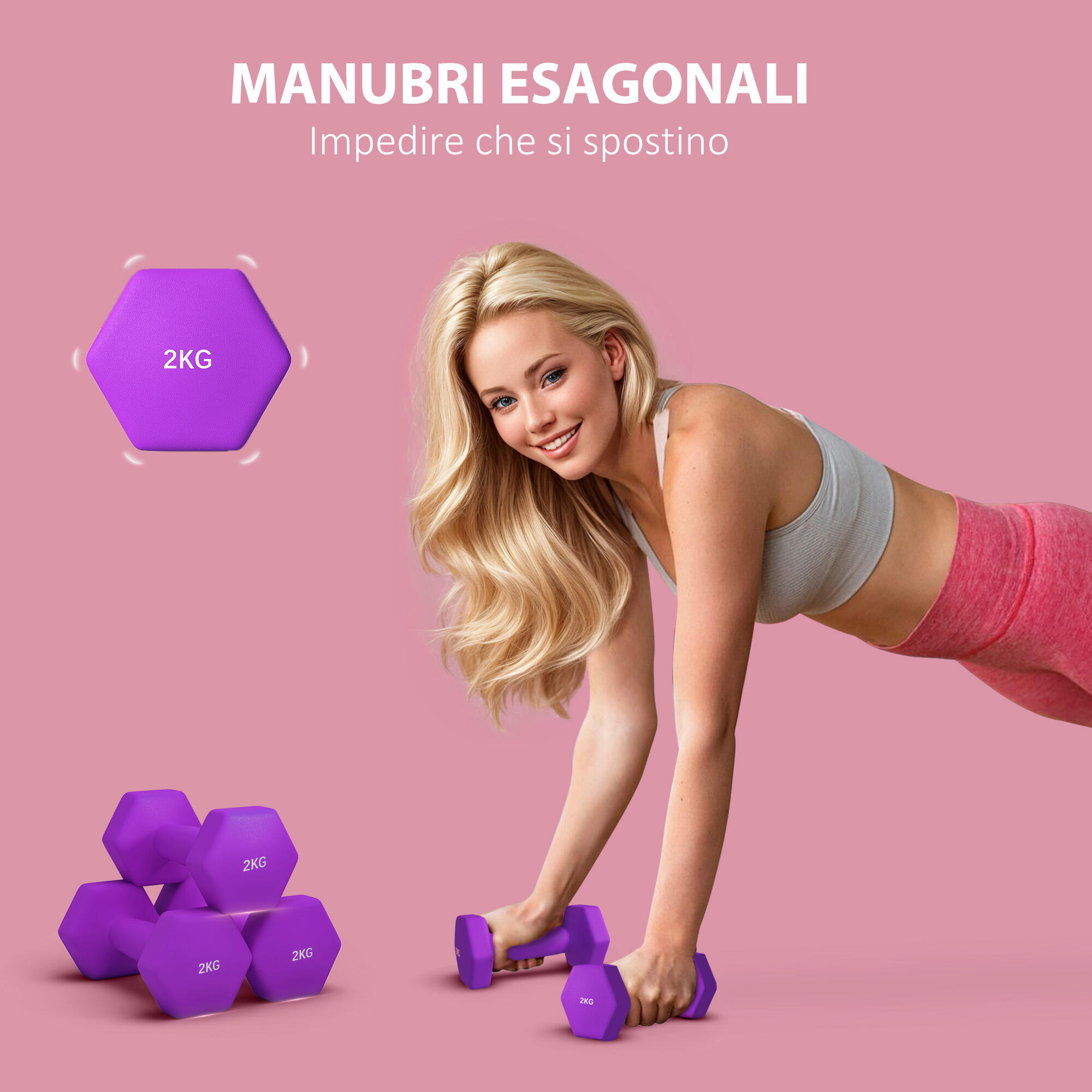 SPORTNOW Set 2 Manubri 2x2 kg Metallo e Plastica 16x7.5x7.5 cm Viola 4/7