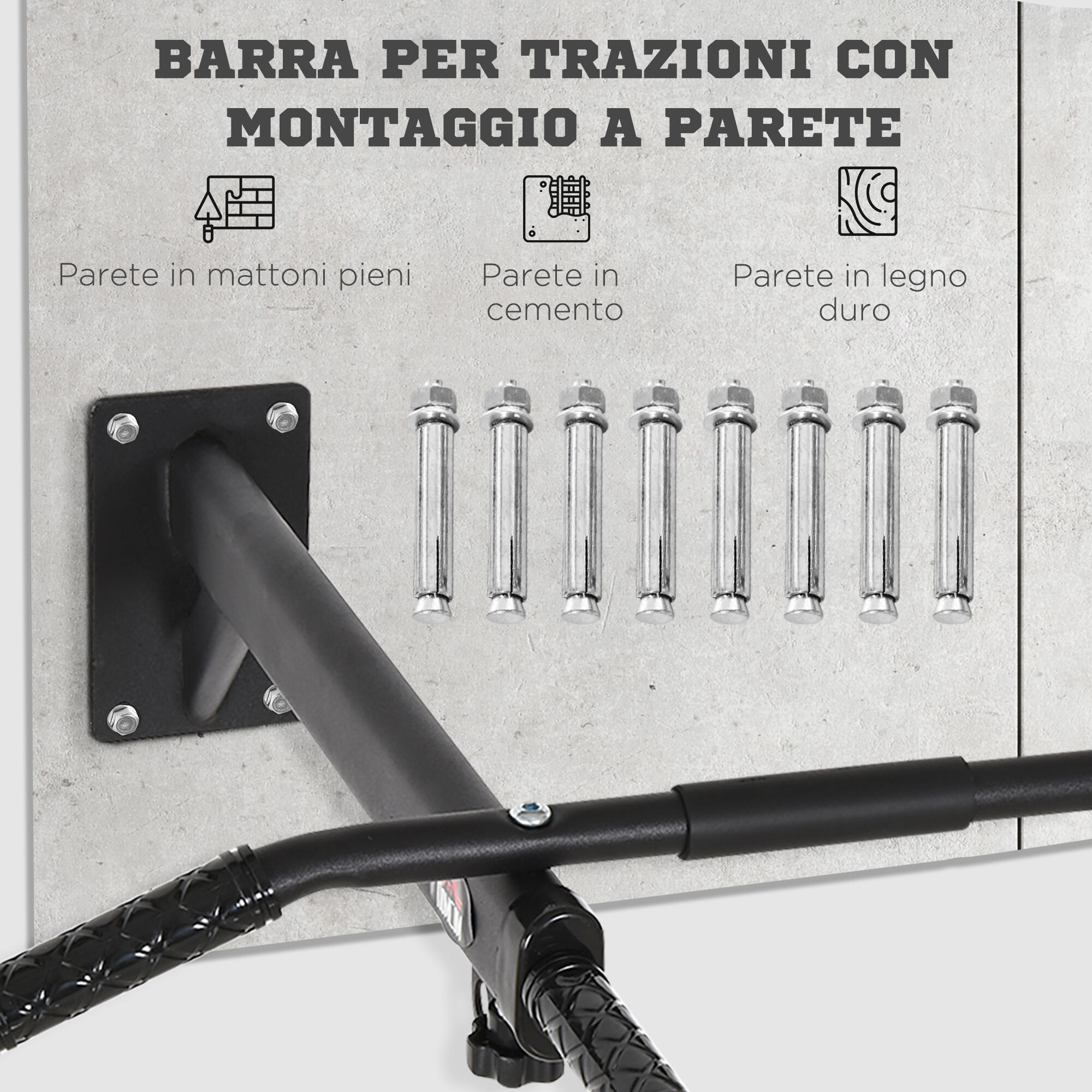 HOMCOM Barra per Trazioni a Muro 2 in 1 con 3 Impugnature Nero 6/7