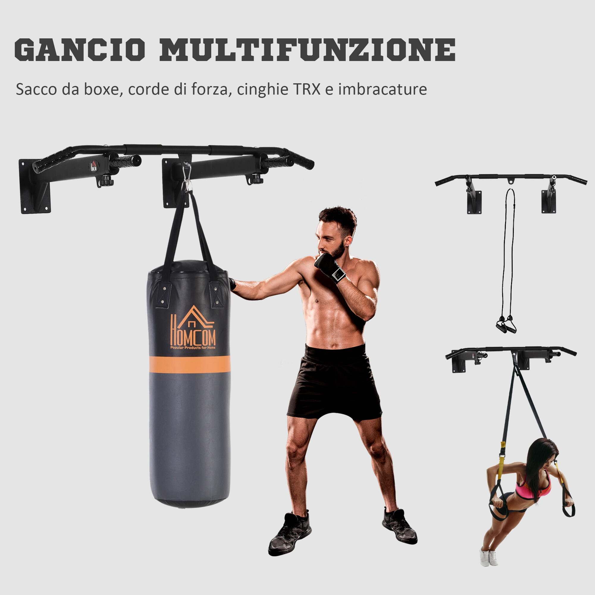 HOMCOM Barra per Trazioni a Muro 2 in 1 con 3 Impugnature Nero 5/7