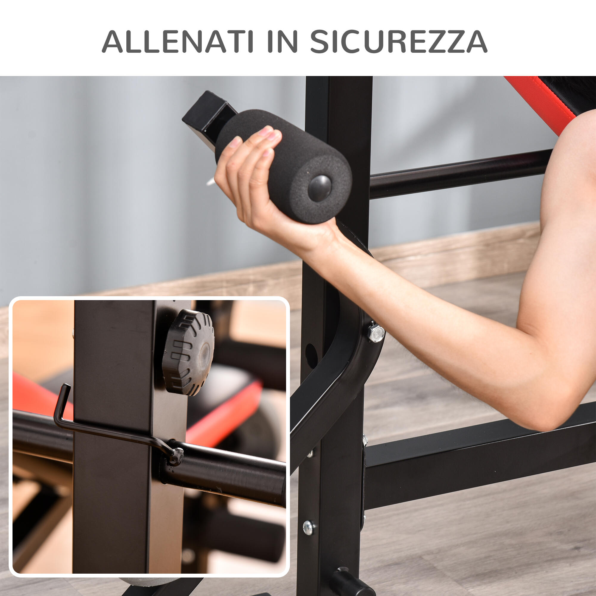 HOMCOM Panca Multifunzione con Supporto per Bilanciere Rosso e Nero 6/8