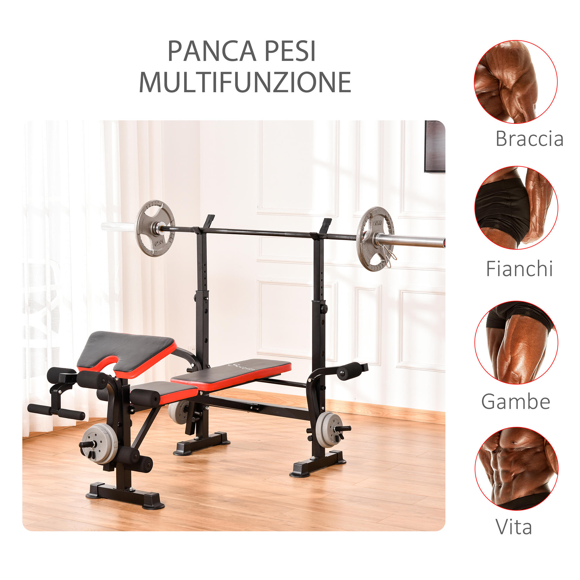 HOMCOM Panca Multifunzione con Supporto per Bilanciere Rosso e Nero 4/8