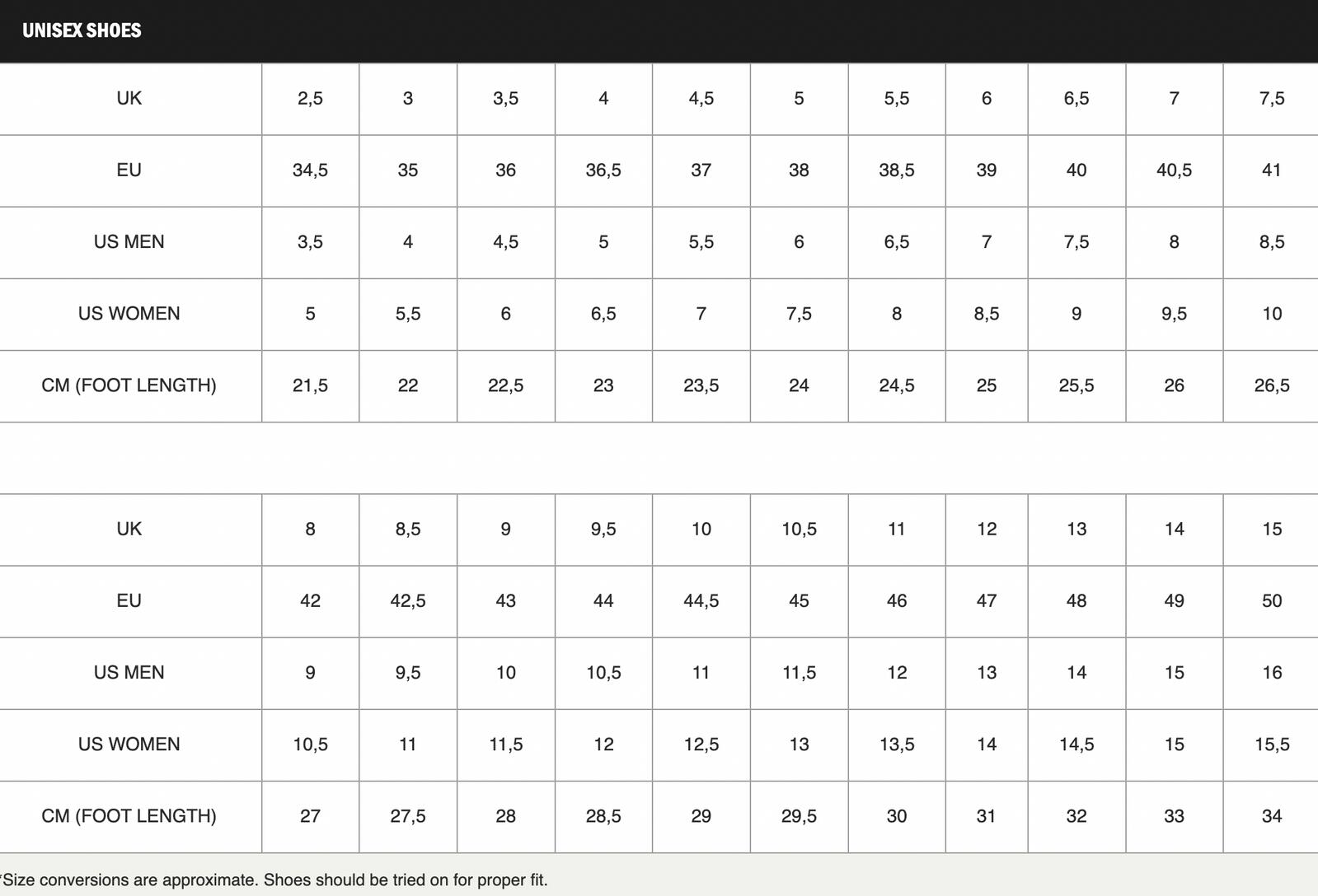 Vans Euro Size Chart Shoe Size Chart Vans 38 Cm Vans Size Chart