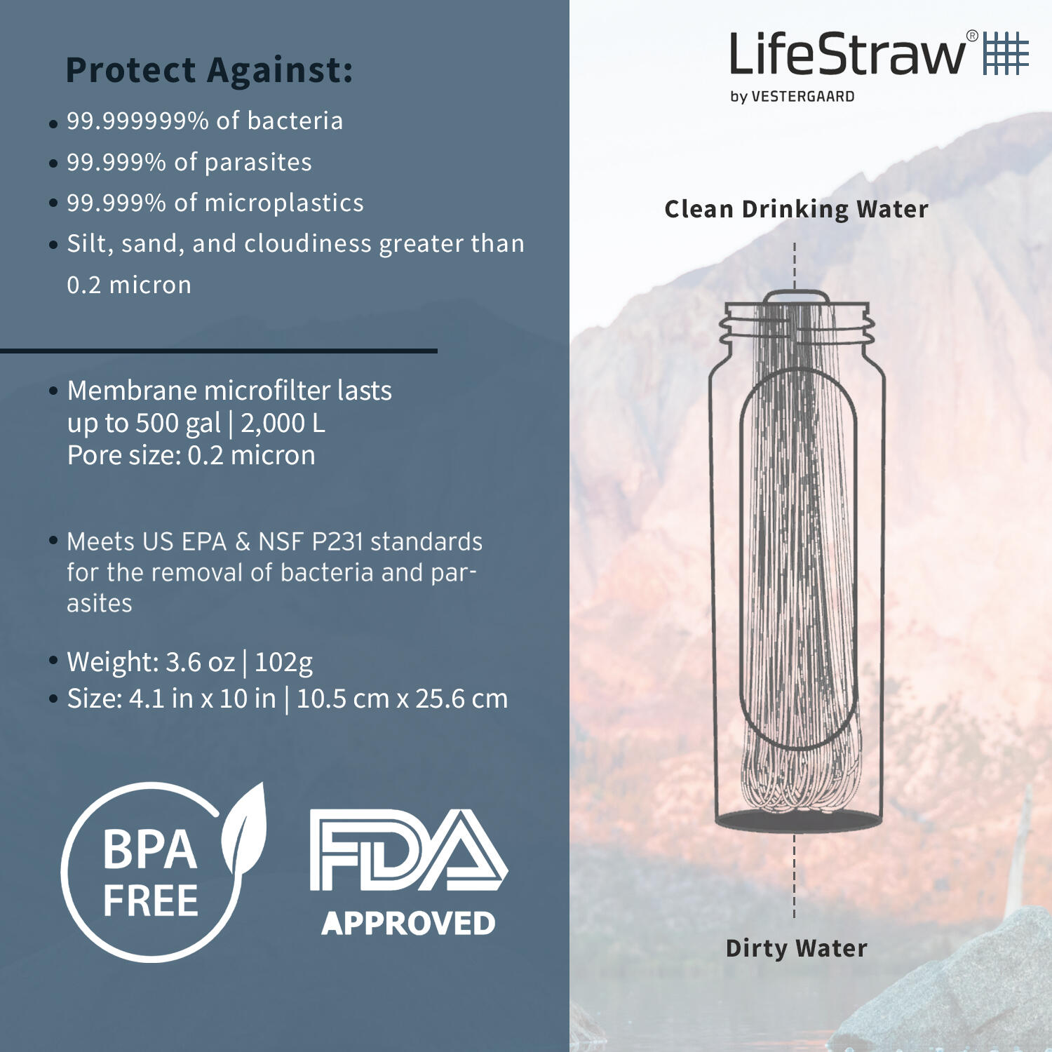 Lifestraw Peak Series - Collapsible Squeeze Bottle Water Filter System – 650ml, Mountain Blue