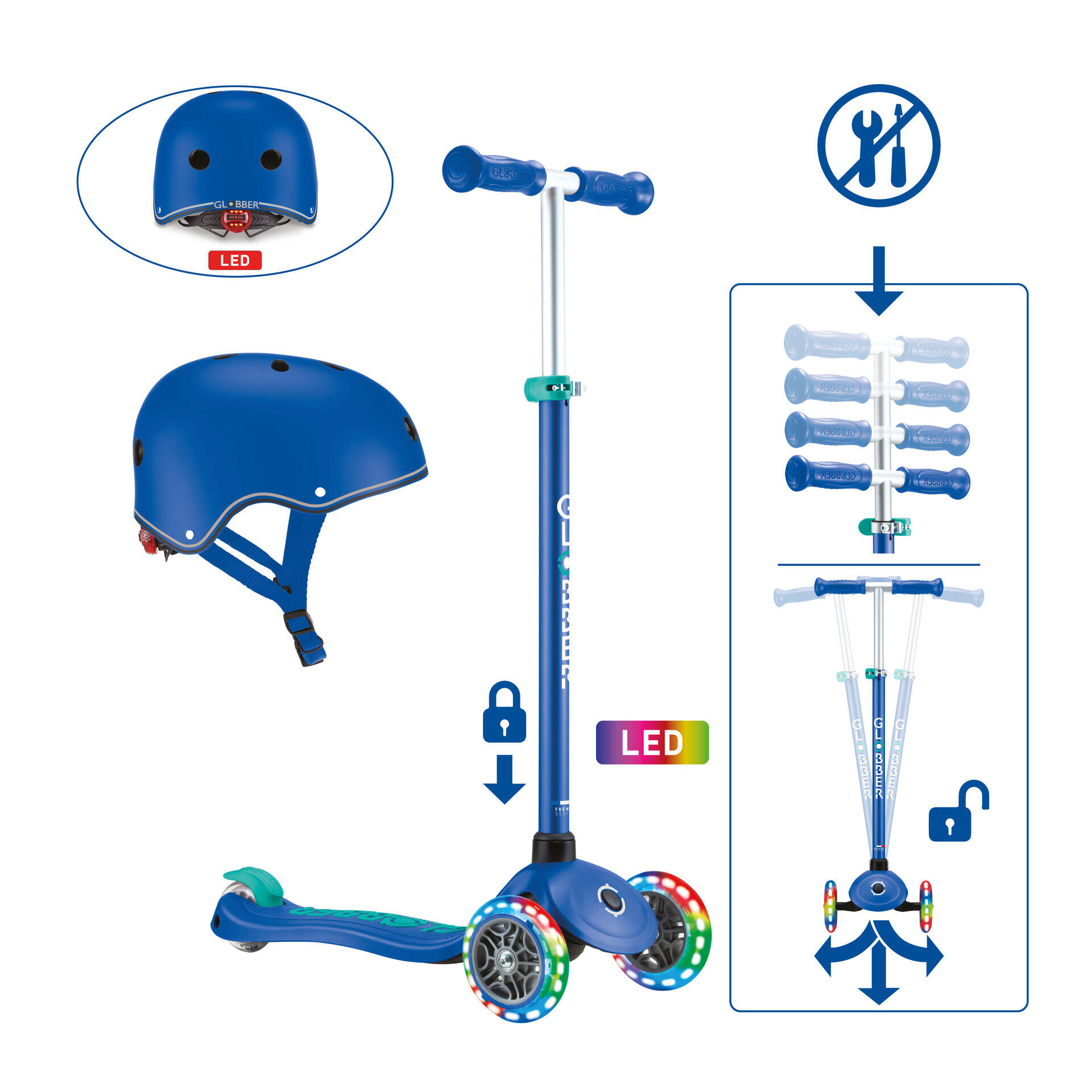 GLOBBER GLOBBER PRIMO PLUS LIGHTS dunkelblau-türkis, mit Leuchtrollen inkl. Helm