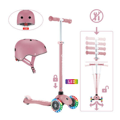 GLOBBER PRIMO PLUS LIGHTS rosa-pastellrosa. mit Leuchtrollen inkl. Helm