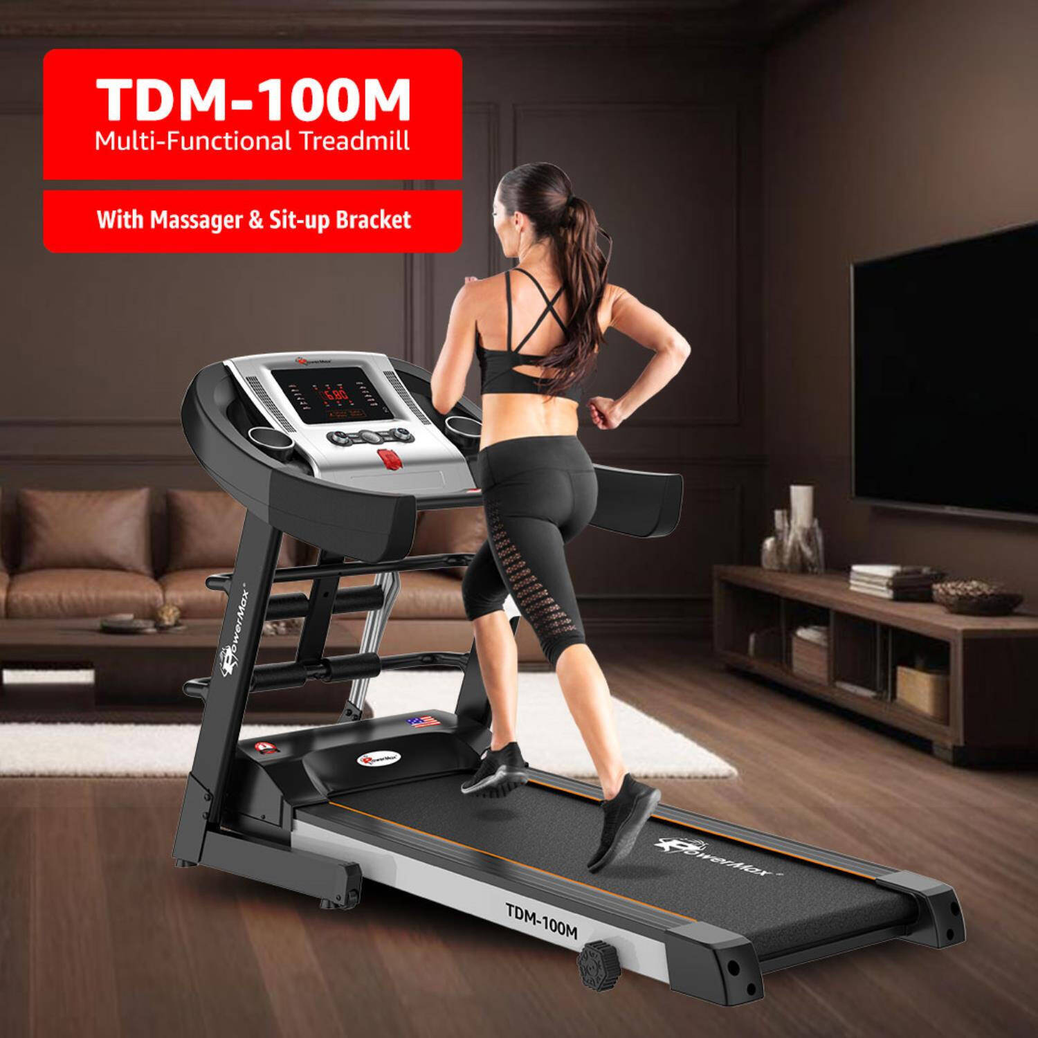 PowerMax Fitness TDM-100M (4HP Peak) Multi-Function Treadmill For Home Use With Massager |treadmill for 105Kg user weight| 6 Level Incline | Top Speed:14.8 Km/hr Spring Resistance | LED Display | AUX -  2