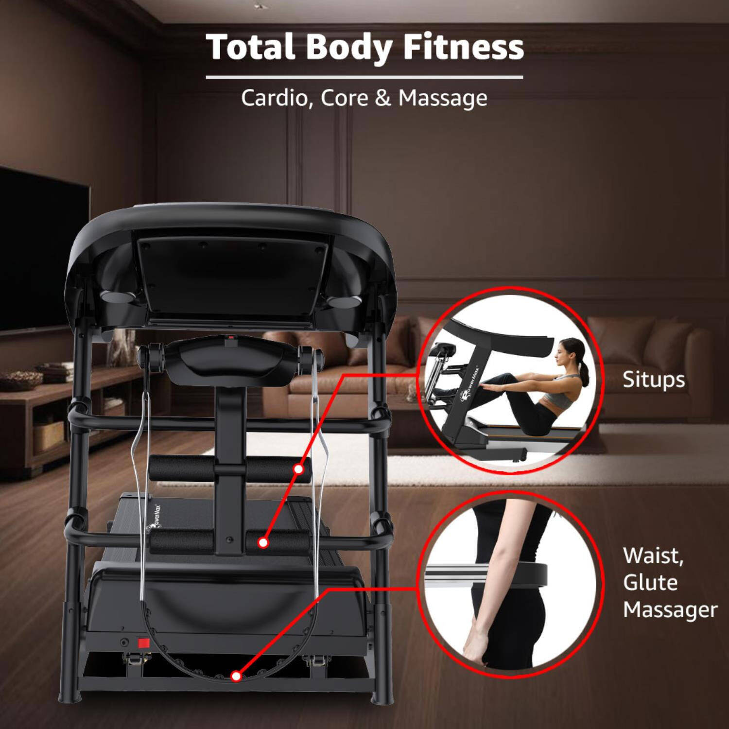 PowerMax Fitness TDM-100M (4HP Peak) Multi-Function Treadmill For Home Use With Massager |treadmill for 105Kg user weight| 6 Level Incline | Top Speed:14.8 Km/hr Spring Resistance | LED Display | AUX -  5