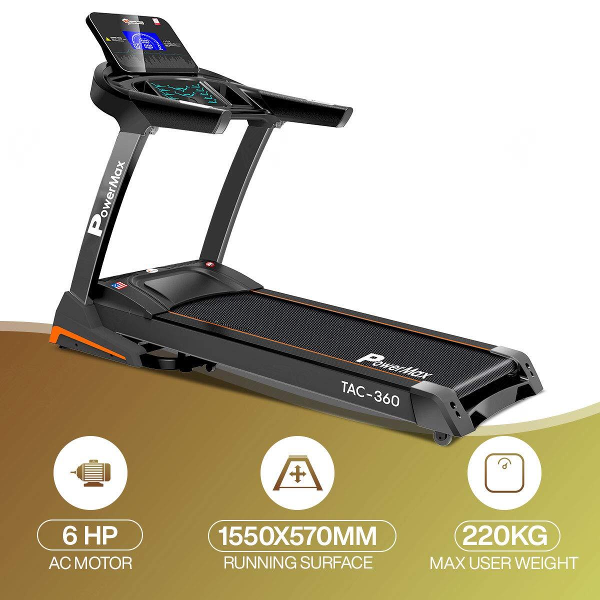 PowerMax Fitness TAC 360 6HP Peak Premiun AC Motorized Treadmill for Home Use 12 Pre Set Max Pro Workout Session Max User Wt
