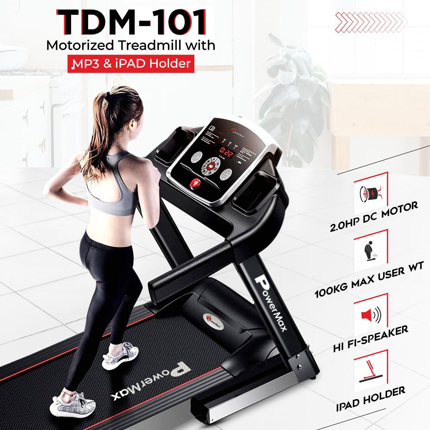 PowerMax Fitness TDM-101 4HP Peak Motorized Treadmill Max User Weight:100kg Foldable With 12km/hr Speed Levels, LED Display, 12