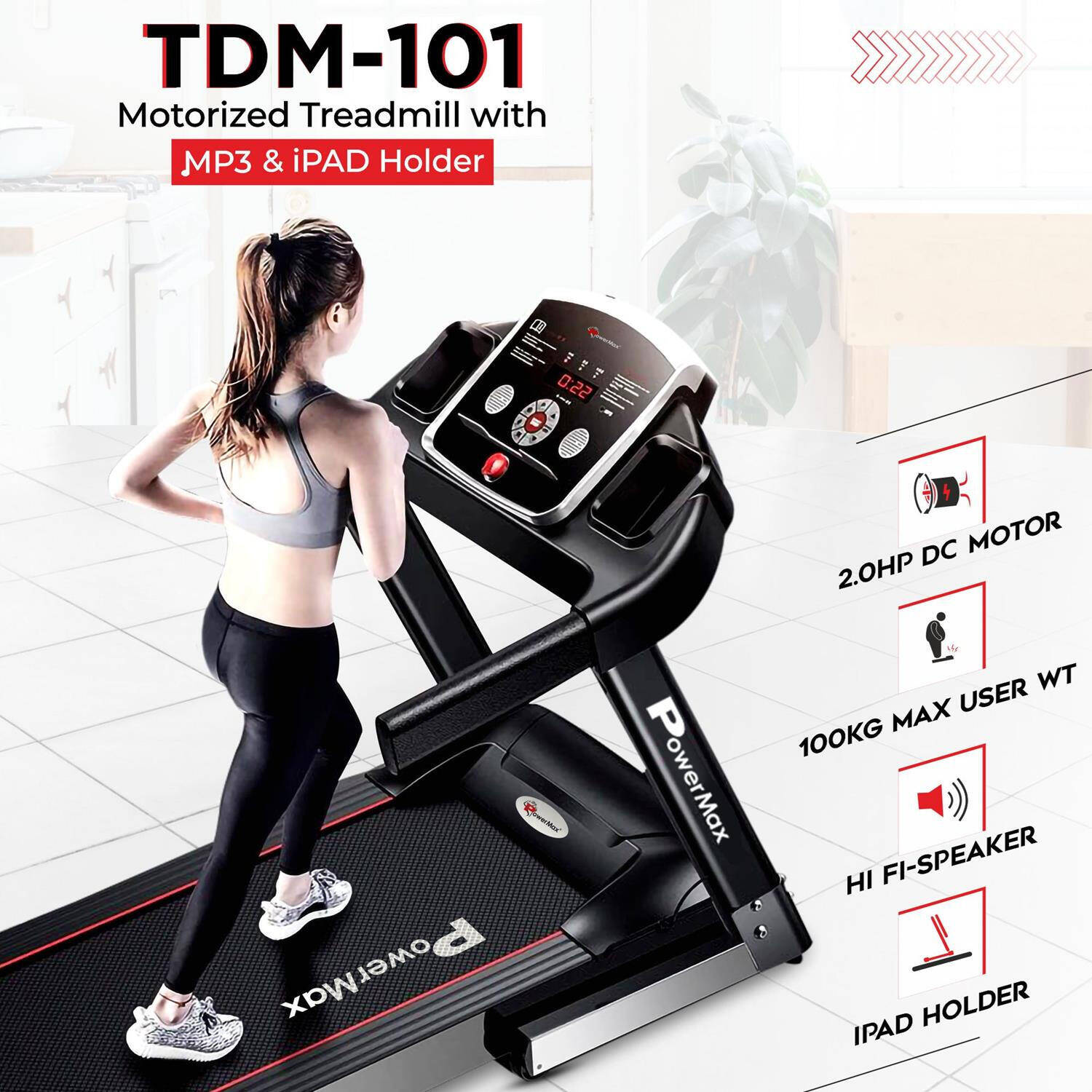 PowerMax Fitness TDM-101 4HP Peak Motorized Treadmill Max User Weight:100kg Foldable With 12km/hr Speed Levels, LED Display, 12  -  2
