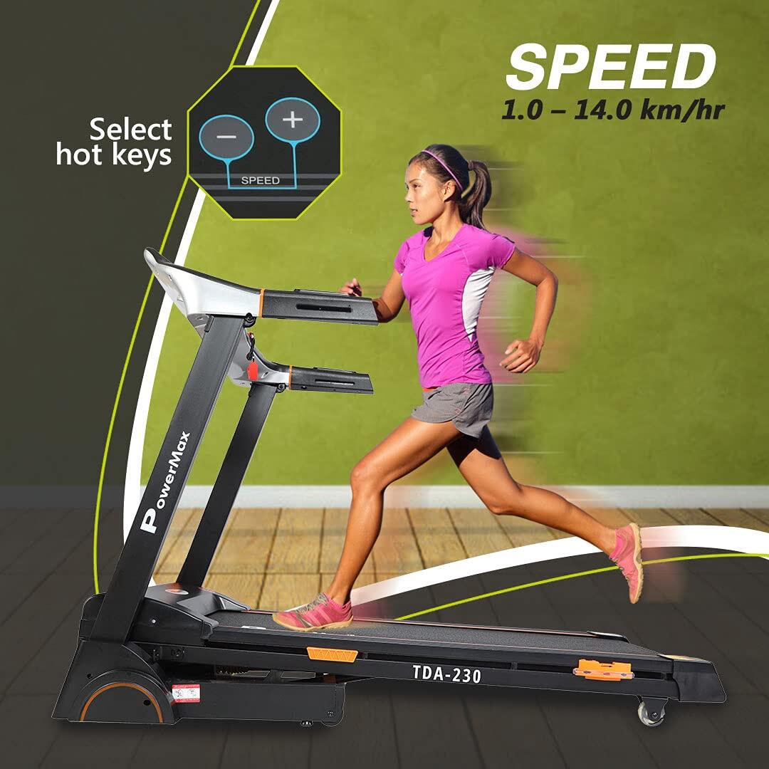 PowerMax Fitness TDA 230 4HP Peak Smart Folding Electric Treadmill with Auto Incline MP3 Speaker DIY and Virtual Assistance