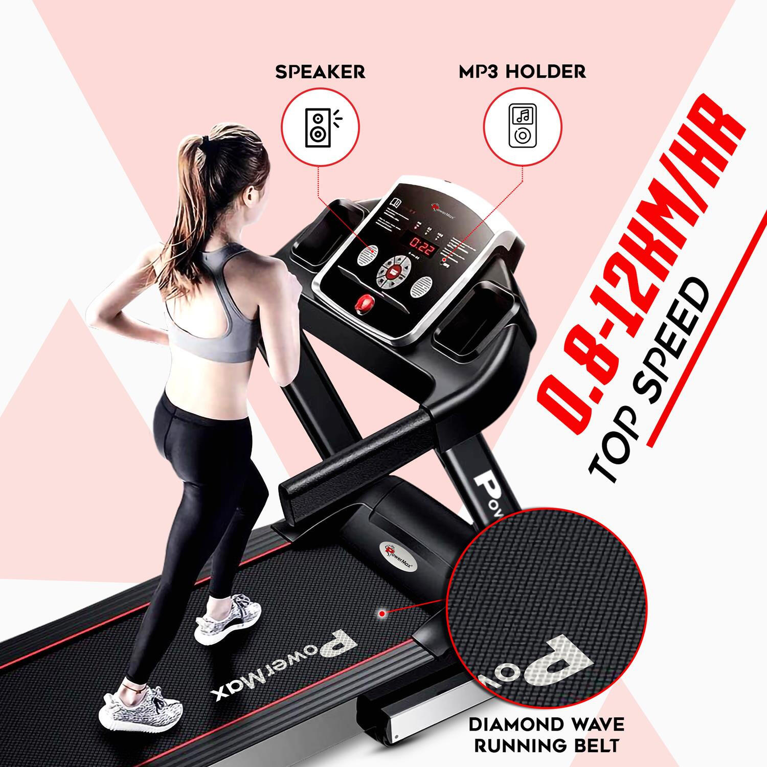 PowerMax Fitness TDM-101 4HP Peak Motorized Treadmill Max User Weight:100kg Foldable With 12km/hr Speed Levels, LED Display, 12