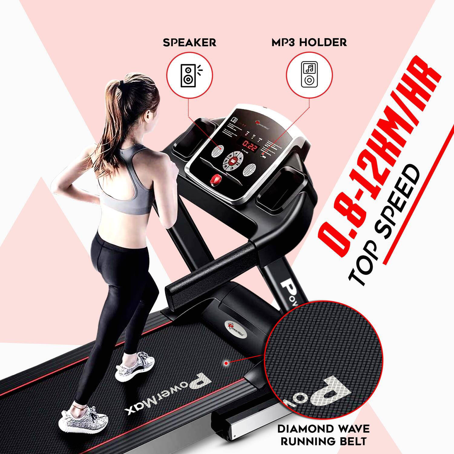 PowerMax Fitness TDM-101 4HP Peak Motorized Treadmill Max User Weight:100kg Foldable With 12km/hr Speed Levels, LED Display, 12  -  5