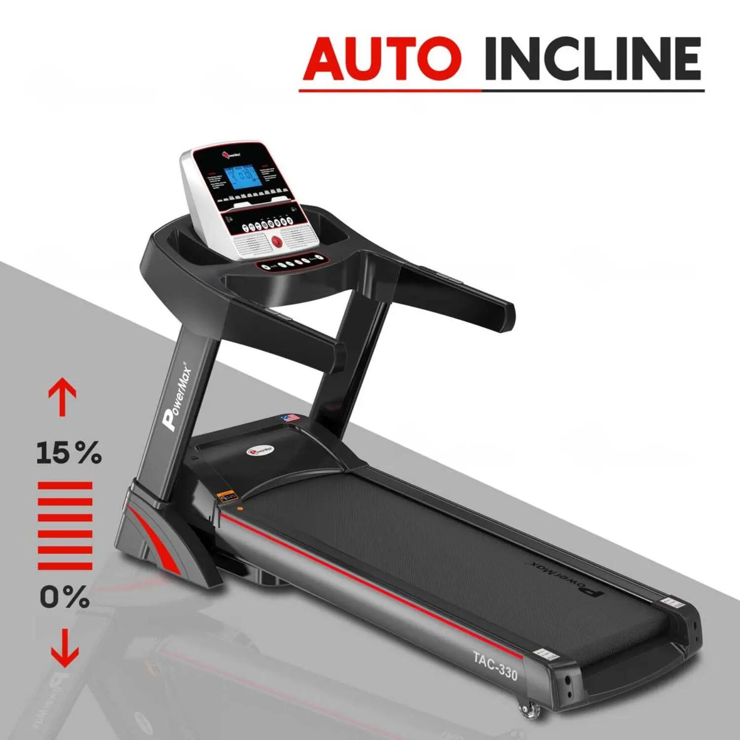 PowerMax Fitness TAC-330 (6HP) Motorised Treadmill for Home [Speed:15kmph, Max User Weight:130kg, Foldable, 12 Workout Programs, MP3] Free Installation Assistance & Demo - 3 Year Motor Warranty -  3