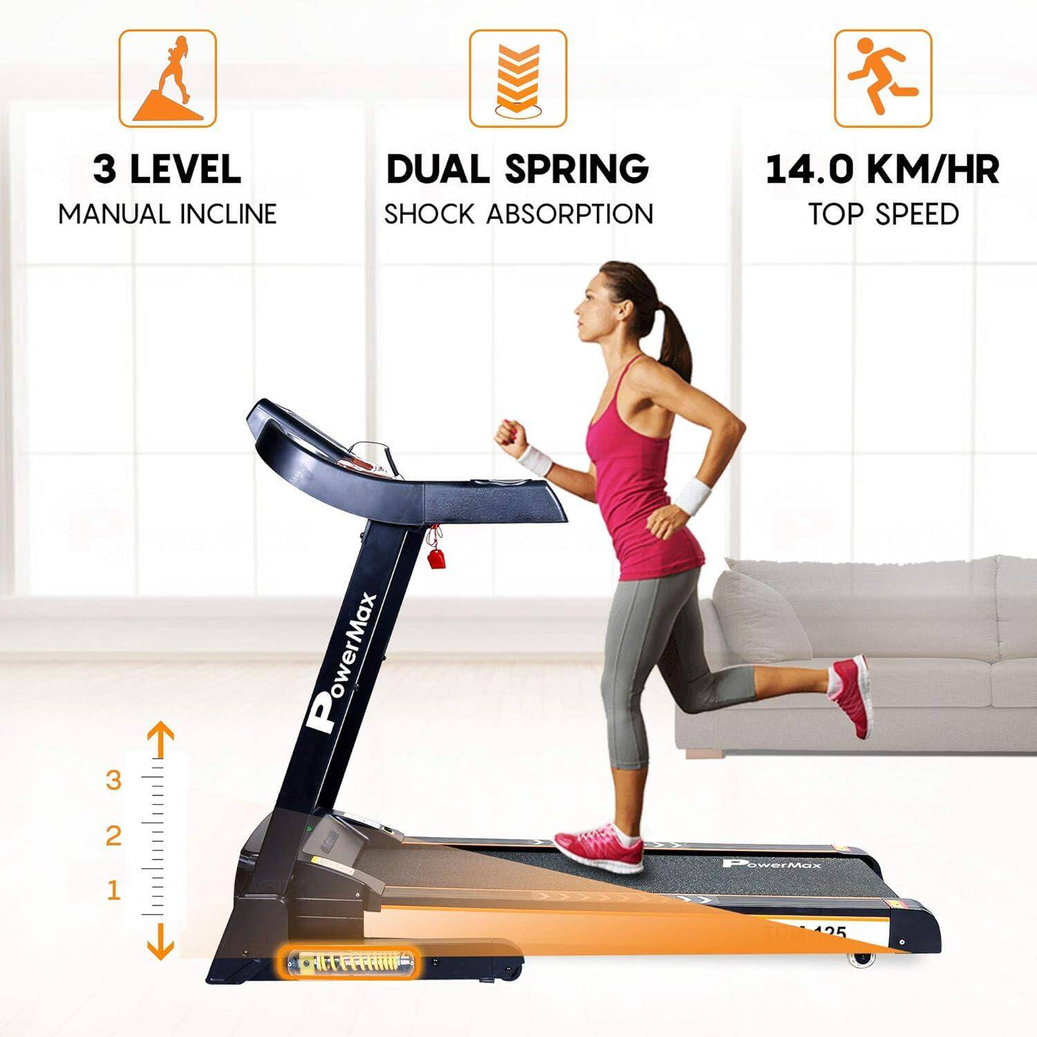 PowerMax Fitness TDA-125 SERIES (4.0HP Peak) Motorized Foldable, Electric Treadmill?LCD Display _PIPE_ BMI _PIPE_ Spring Resista -  3