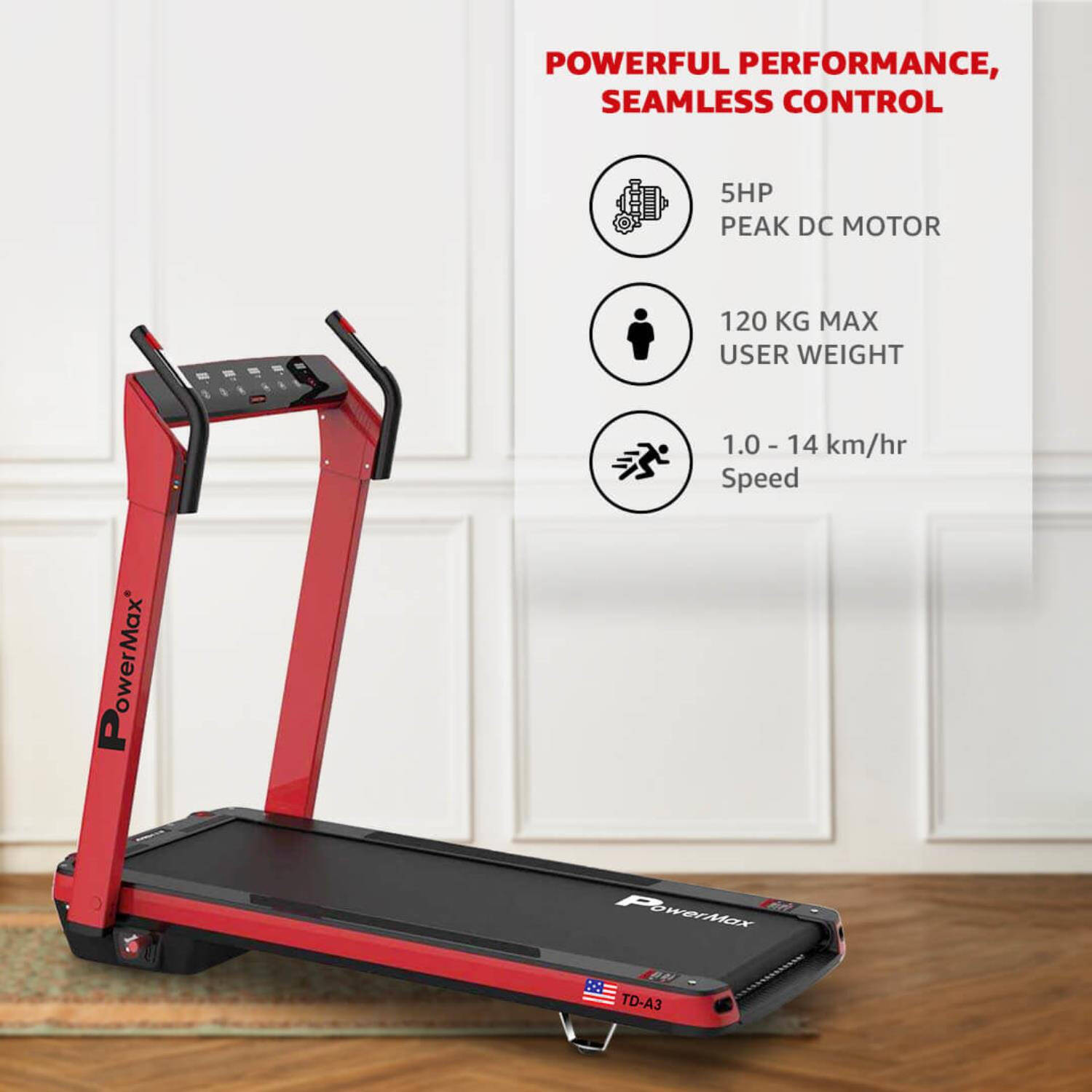 PowerMax Fitness UrbanTrek TD-A3 (5.0HP Peak) Motorized Foldable Treadmill for Home use | Auto Incline Treadmill | 135° Edge Display | Max User 120kg | Top speed 14kmph | Pulse Sensor Exercise Machine -  3