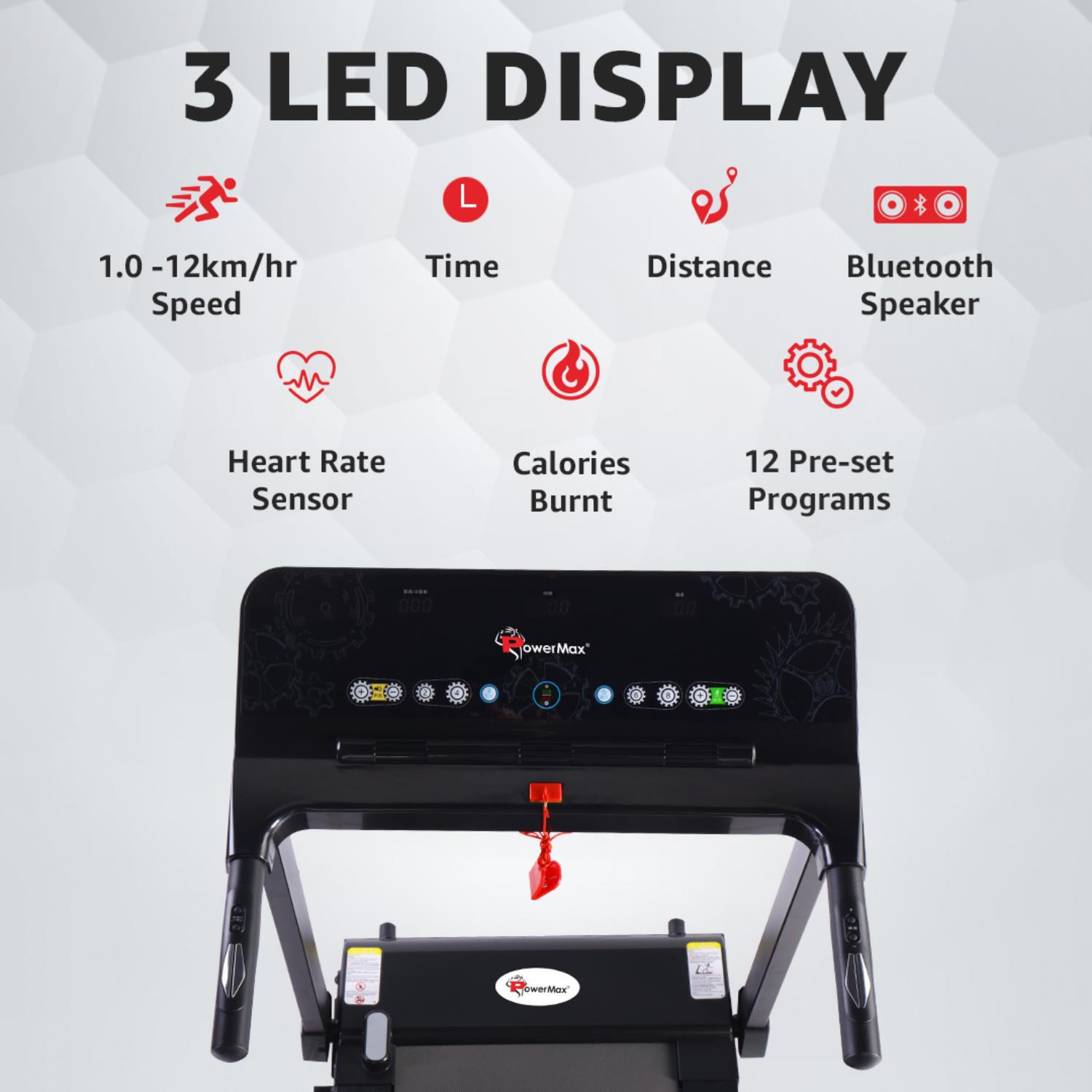 PowerMax Fitness TD-N1 (4HP Peak) Motorised Foldable Treadmill for Home Use, Speed:12kmph, Max User Weight:100kg, 12 Workout Programs, HR Sensor Cardio Exercise Equipment, Inbuilt Bluetooth Speaker