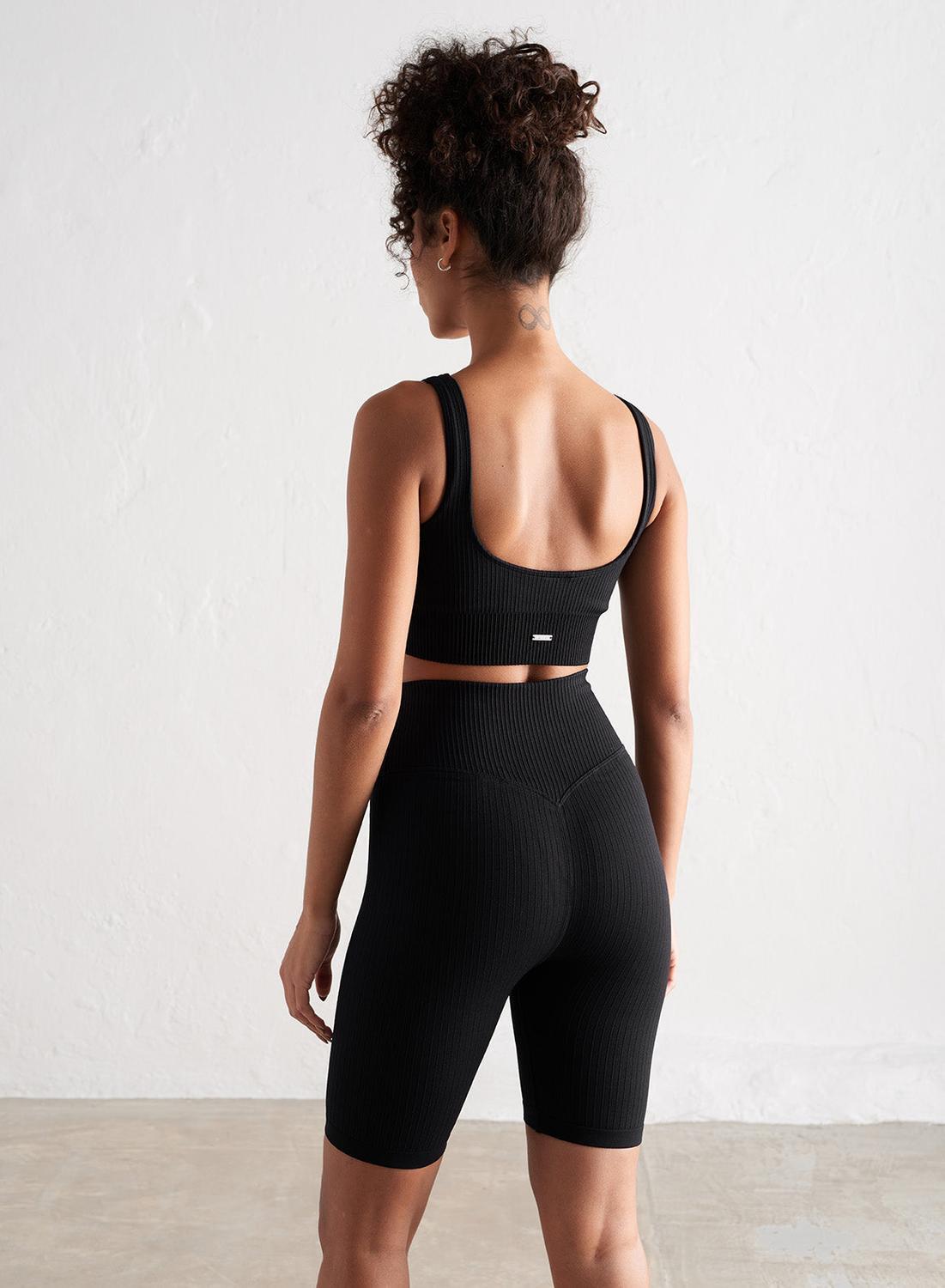 Mujer Pantalones Cortos Acanalado Sin Costura Negro 3/6