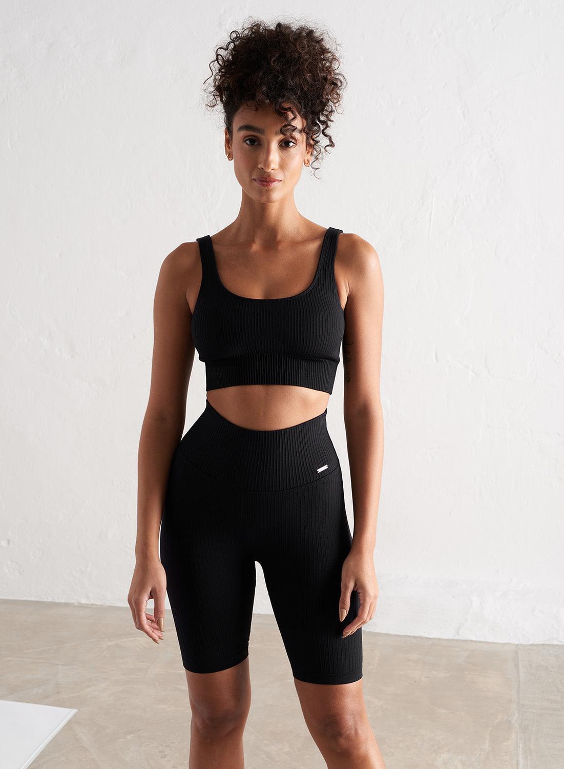 Mujer Pantalones Cortos Acanalado Sin Costura Negro 4/6